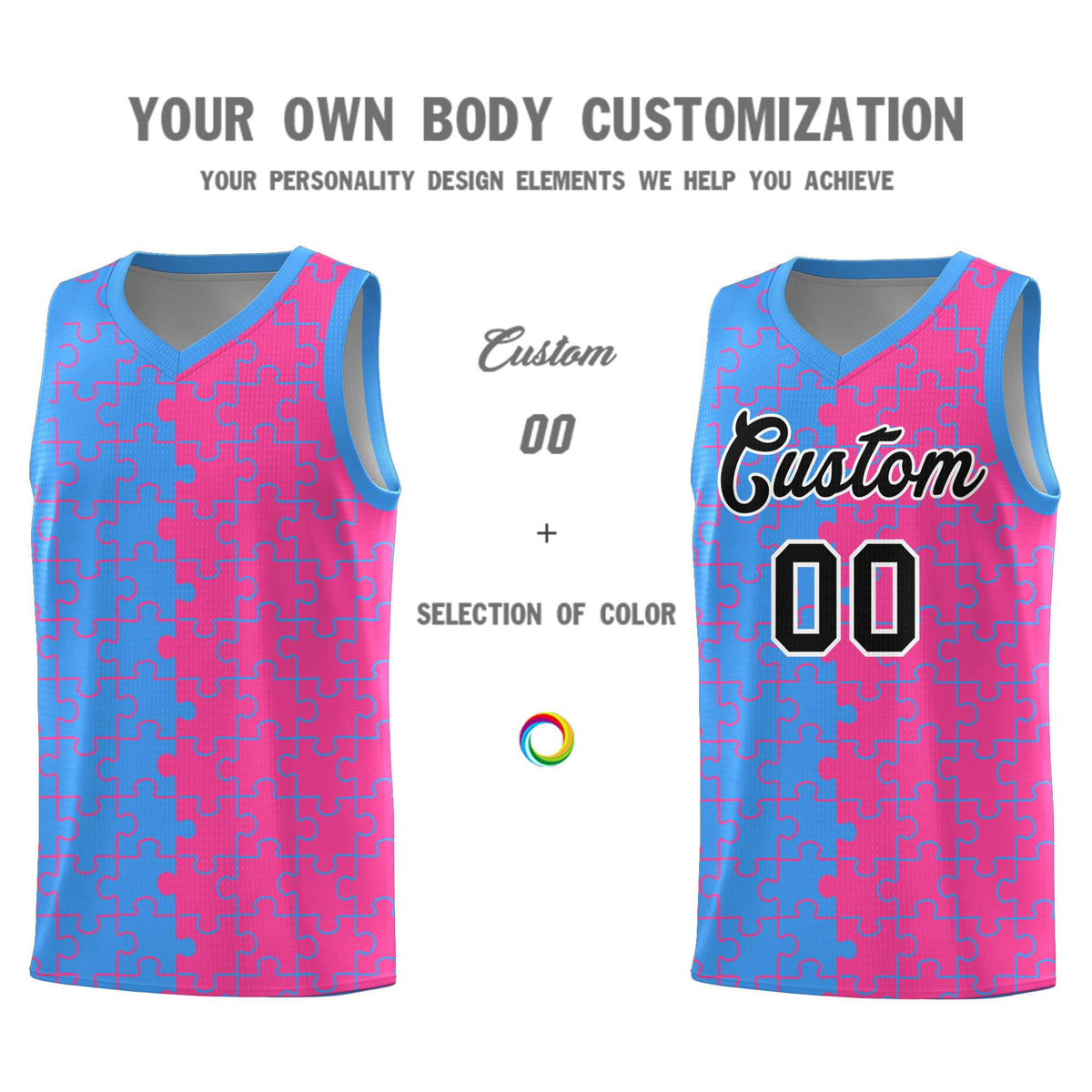 Custom Youth Basketball Jersey Light Blue Pink Puzzle Pattern Breathable Team Uniform