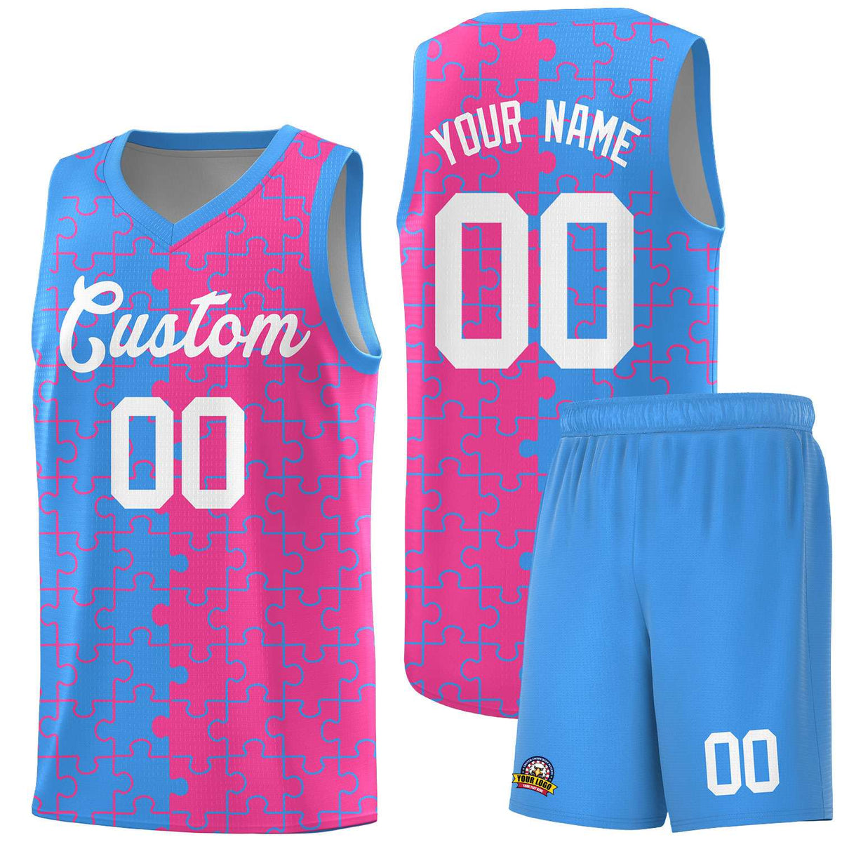 Custom Youth Basketball Jersey Light Blue Pink Puzzle Pattern Moisture-Wicking Team Uniform