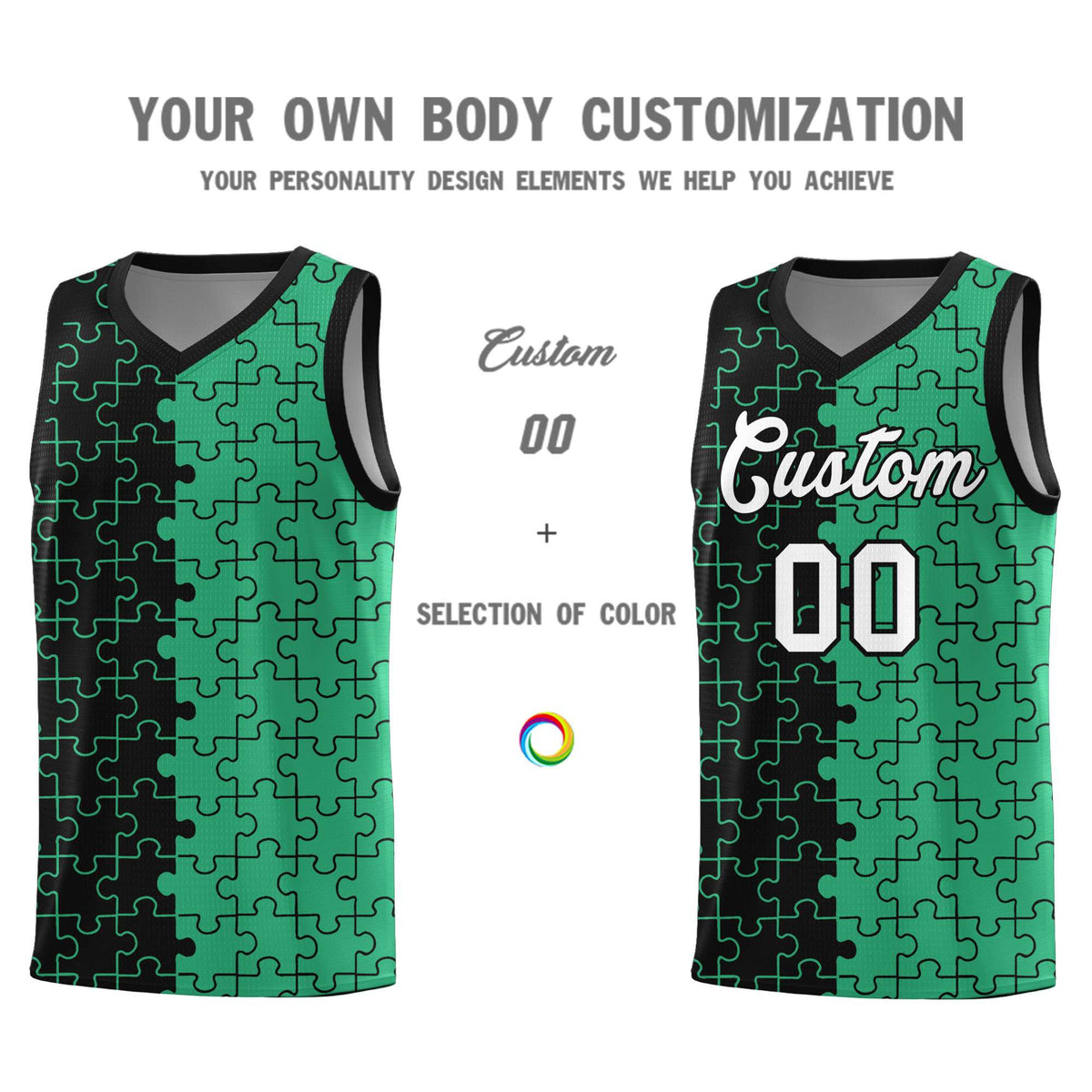 Custom Youth Basketball Jersey Black Green Puzzle Pattern Personalized Team Uniform