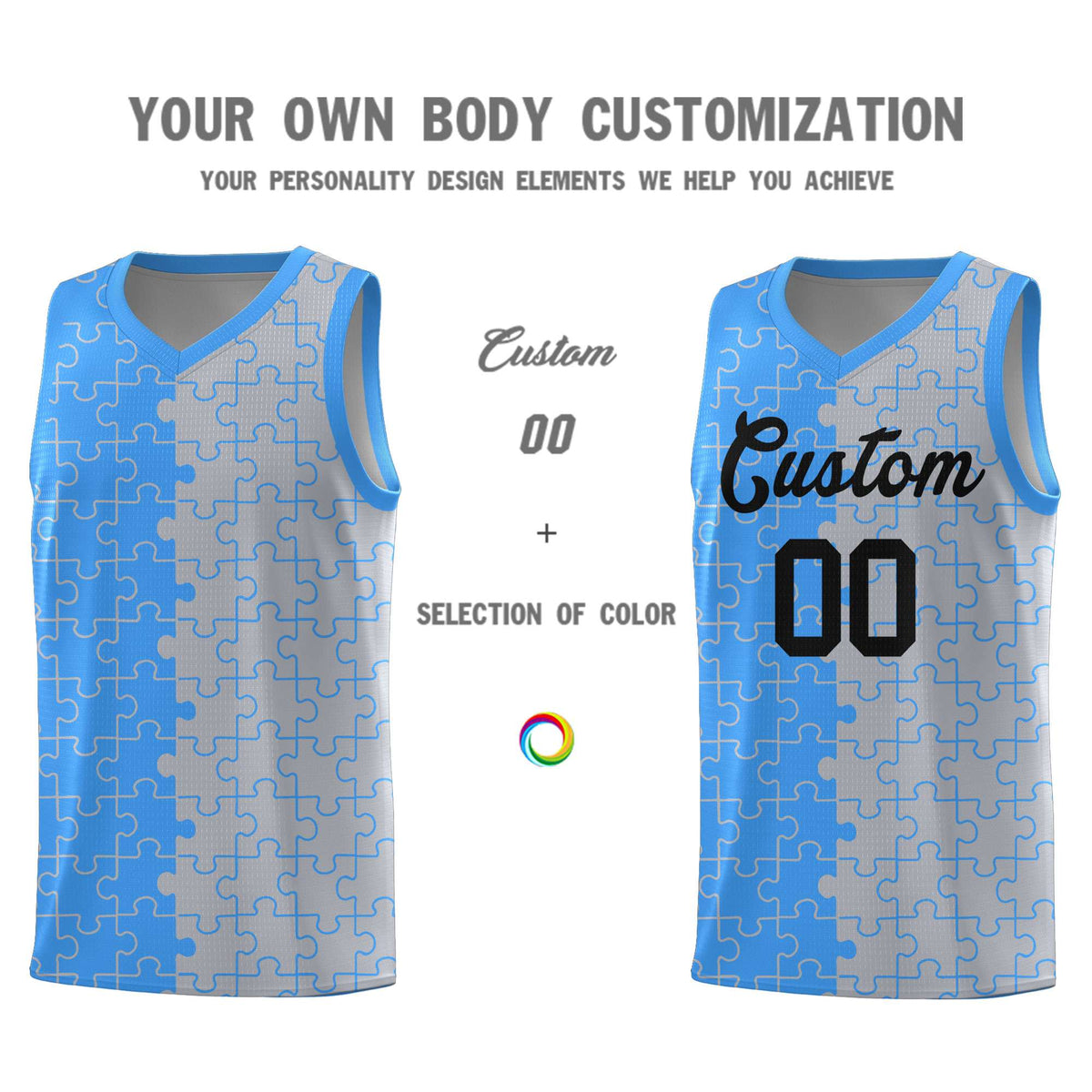 Custom Youth Basketball Jersey Light Blue Gray Puzzle Pattern Add Name, Number &amp; Team Logo