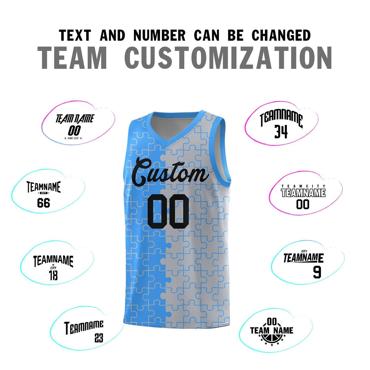 Custom Youth Basketball Jersey Light Blue Gray Puzzle Pattern Add Name, Number &amp; Team Logo