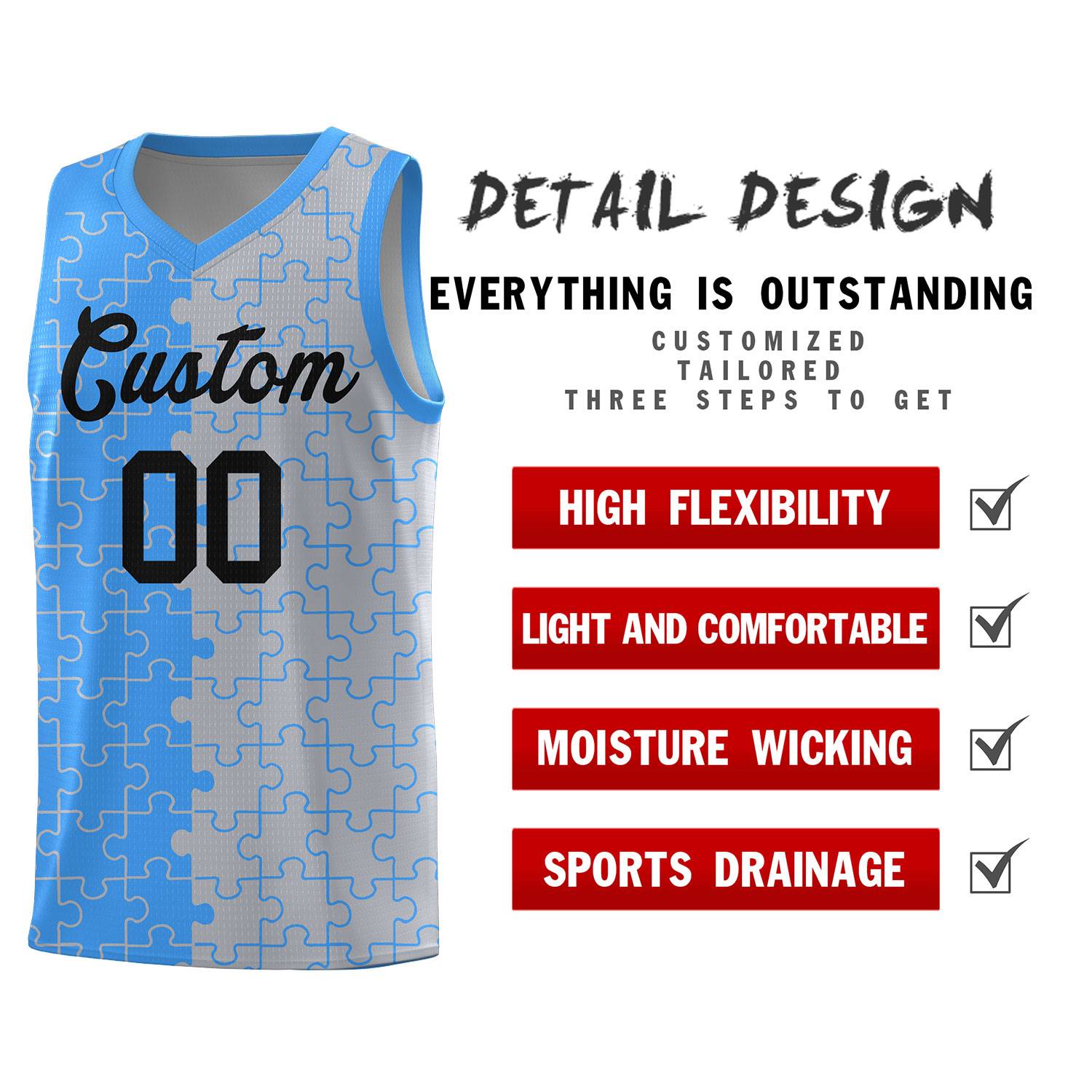 Custom Youth Basketball Jersey Light Blue Gray Puzzle Pattern Add Name, Number & Team Logo