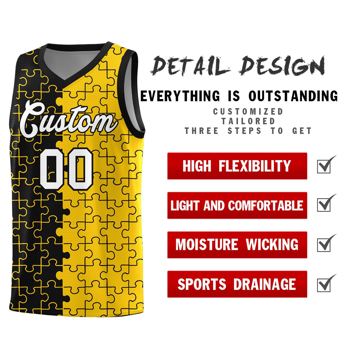 Custom Youth Basketball Jersey Black Gold Puzzle Pattern Breathable Team Uniform