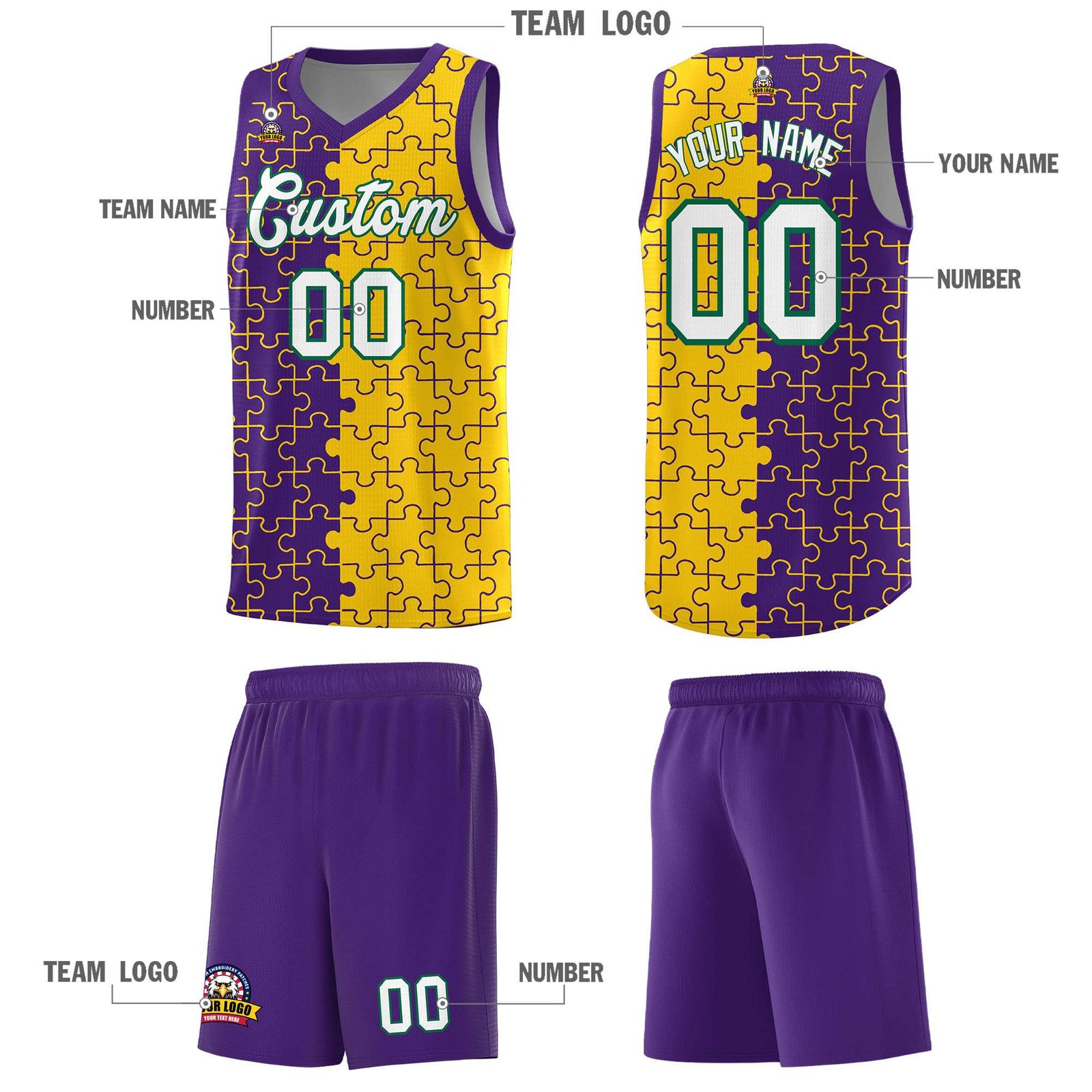 Custom Youth Basketball Jersey Purple Gold Puzzle Pattern Personalized Team Uniform