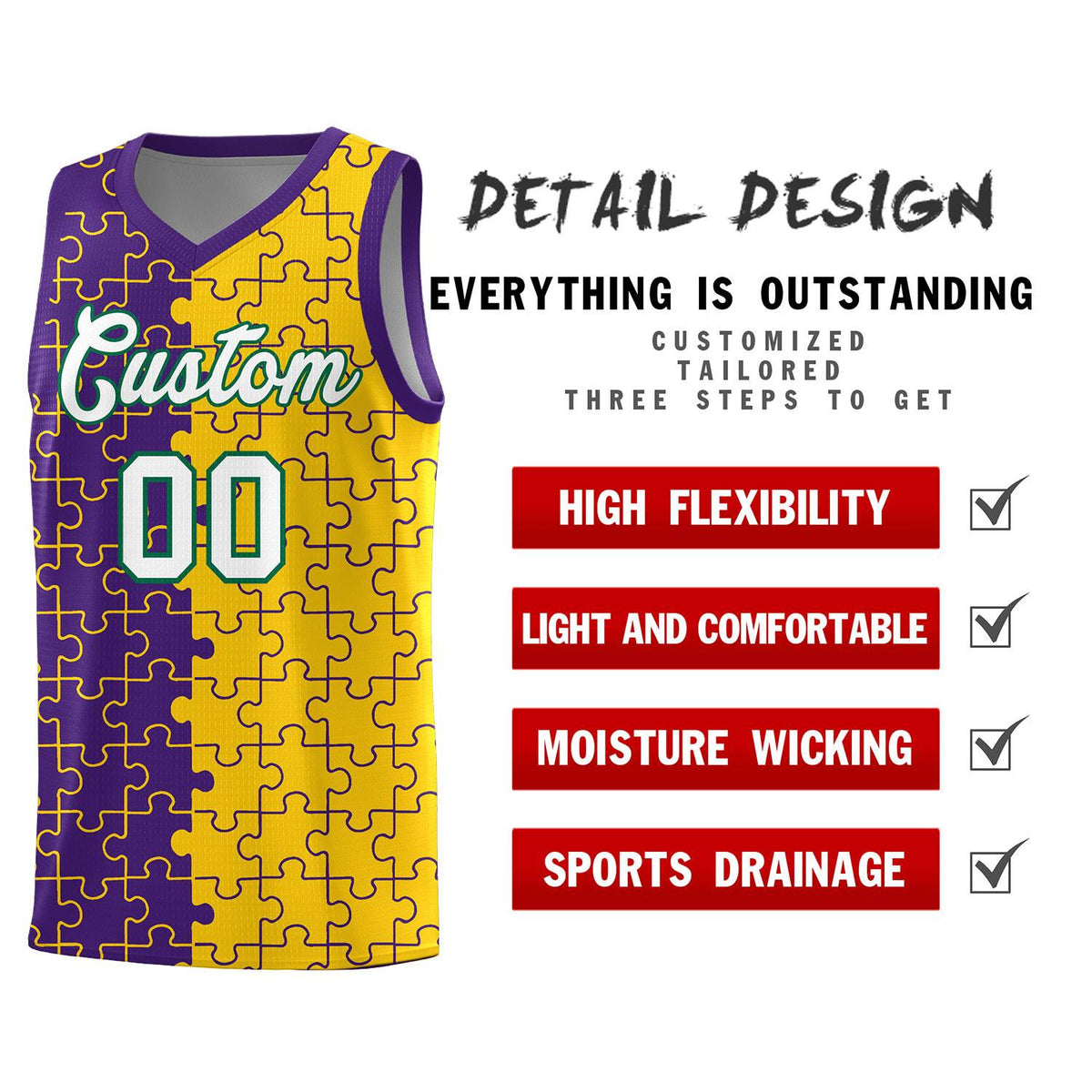 Custom Youth Basketball Jersey Purple Gold Puzzle Pattern Personalized Team Uniform