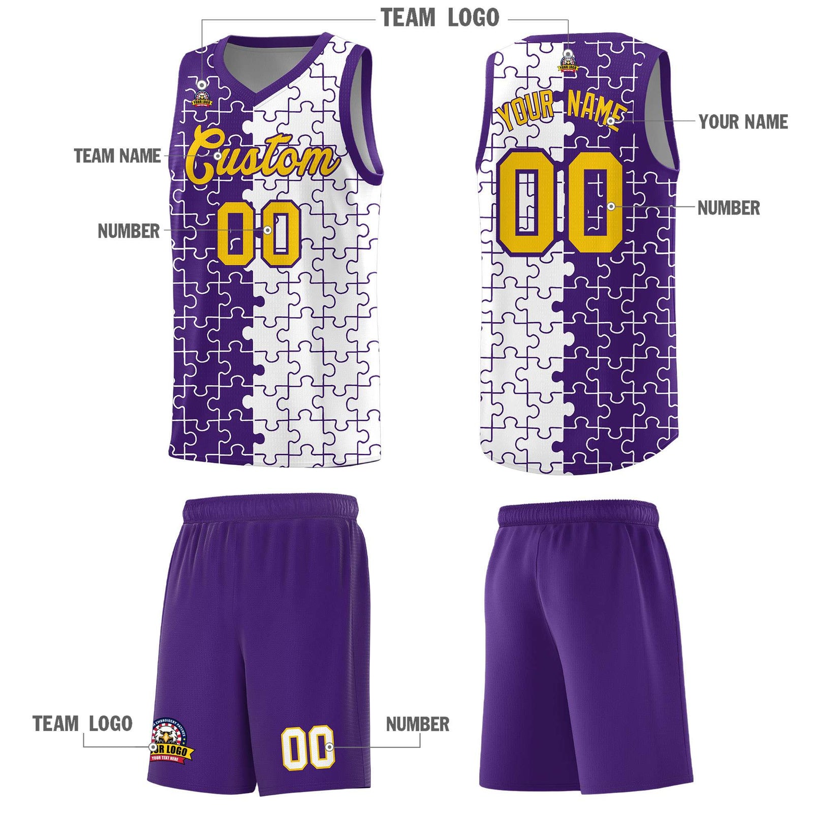 Custom Youth Basketball Jersey Purple White Puzzle Pattern Add Name, Number & Team Logo