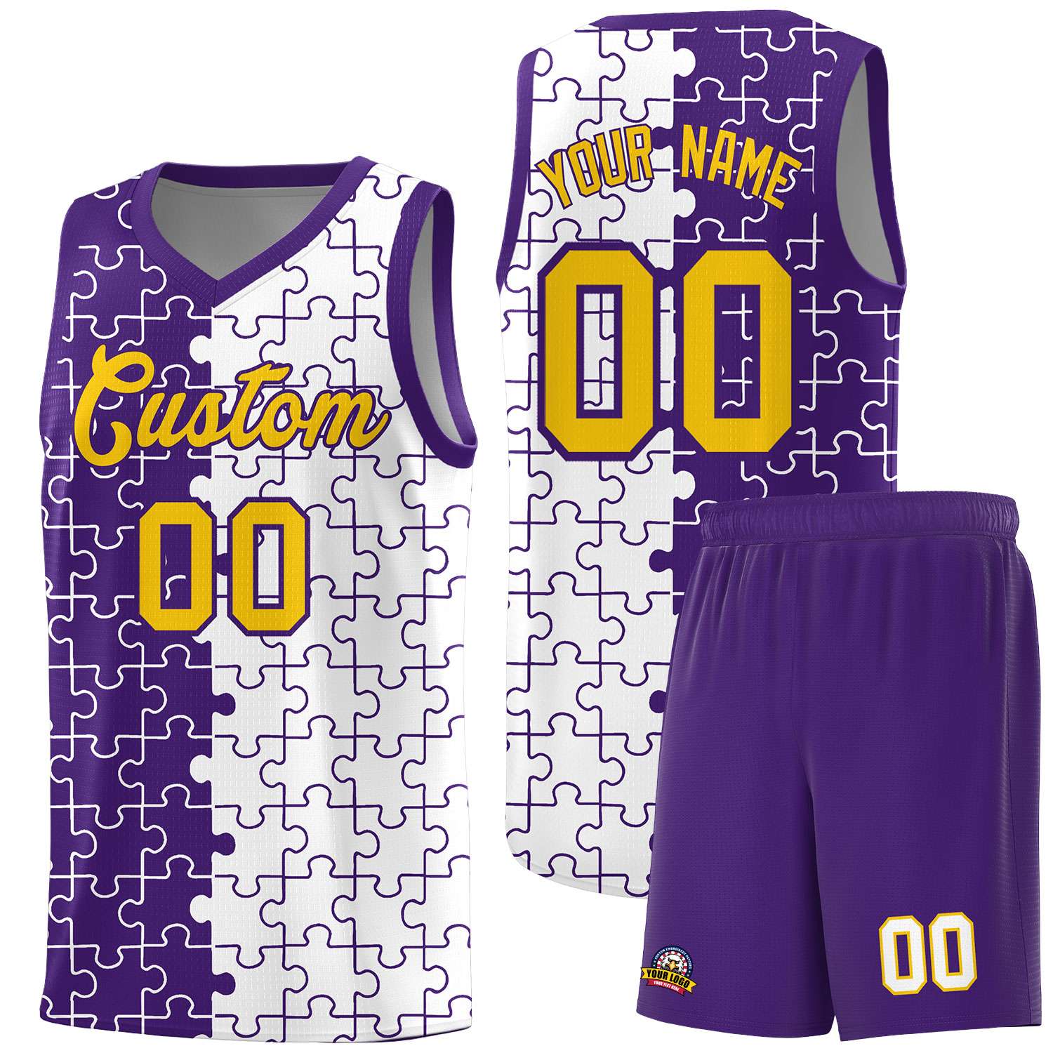 Custom Youth Basketball Jersey Purple White Puzzle Pattern Add Name, Number & Team Logo