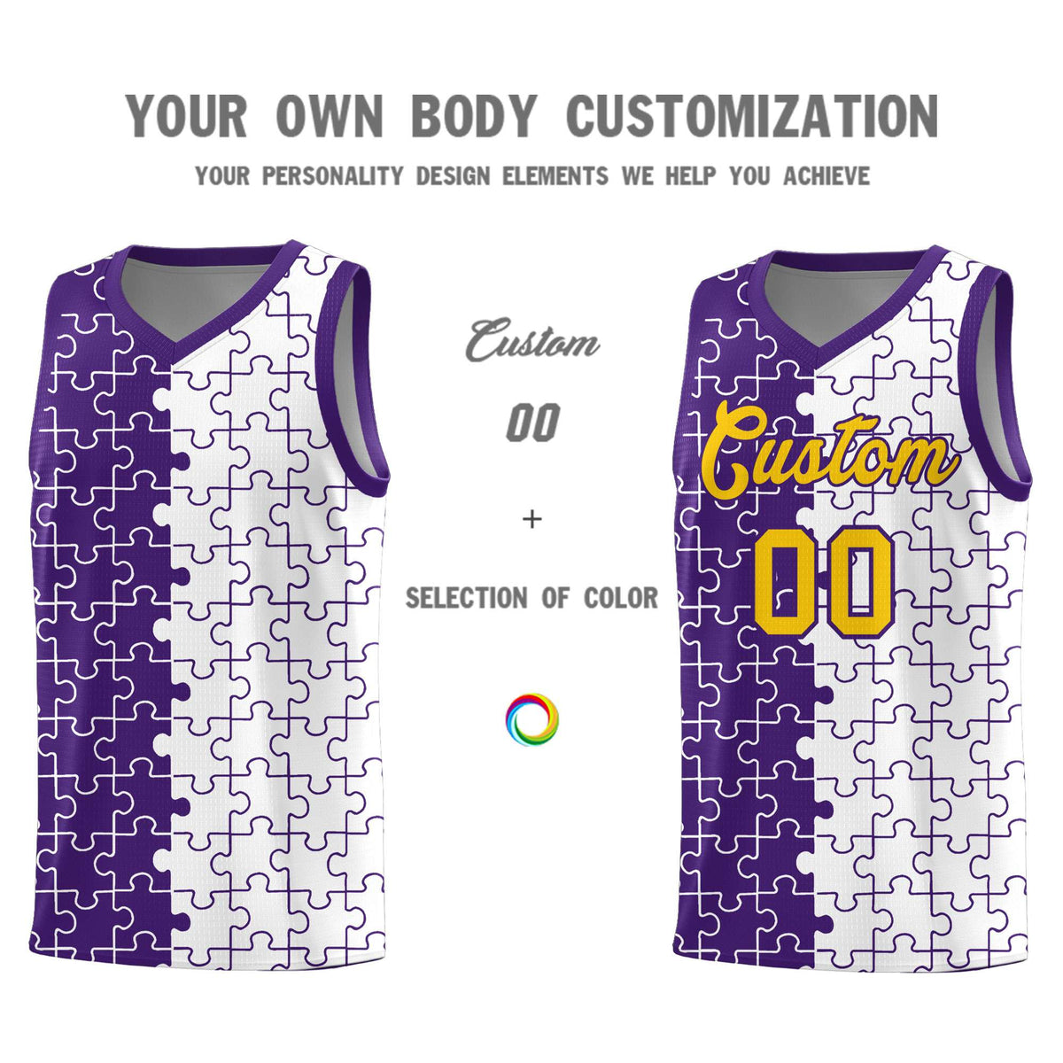 Custom Youth Basketball Jersey Purple White Puzzle Pattern Add Name, Number &amp; Team Logo
