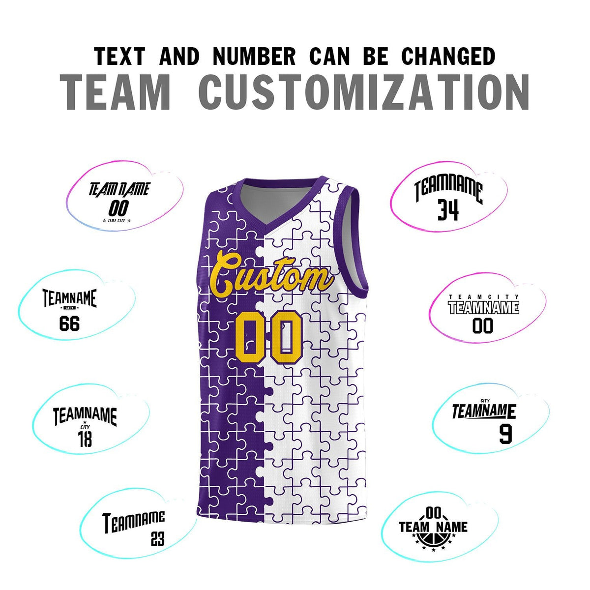 Custom Youth Basketball Jersey Purple White Puzzle Pattern Add Name, Number &amp; Team Logo