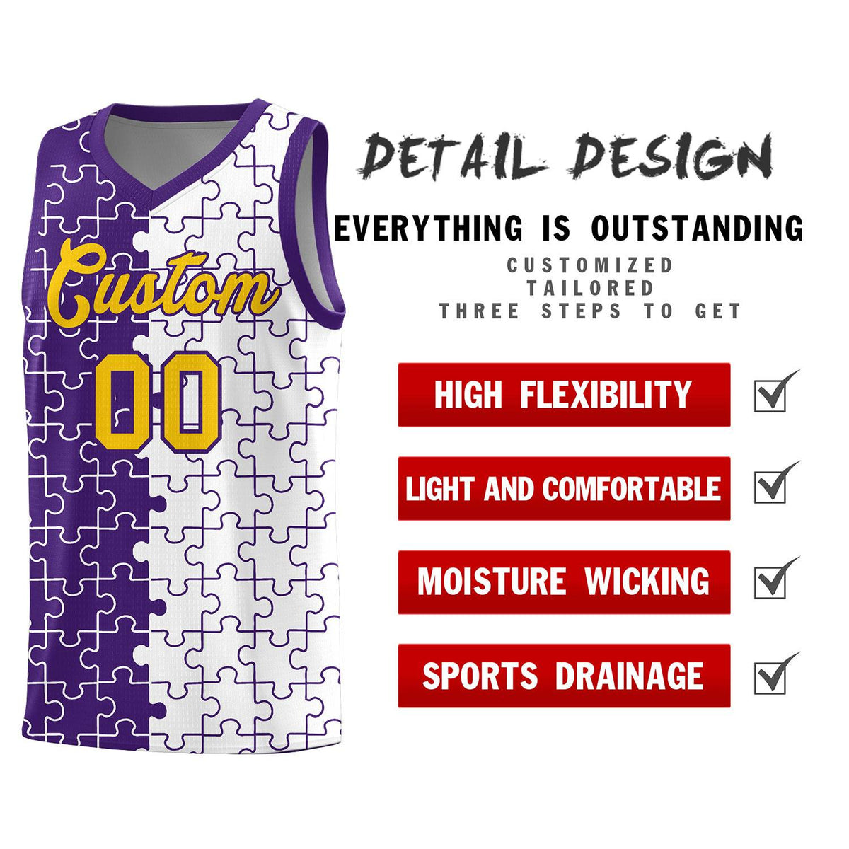 Custom Youth Basketball Jersey Purple White Puzzle Pattern Add Name, Number &amp; Team Logo