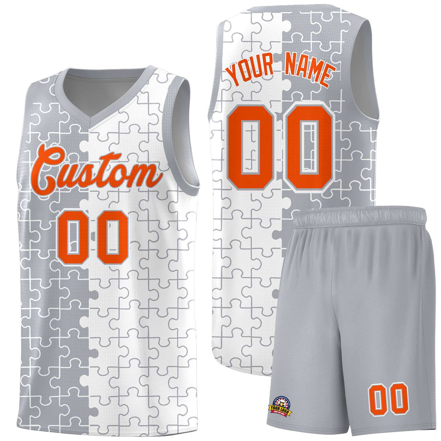 Custom Youth Basketball Jersey Gray White Puzzle Pattern Breathable Team Uniform