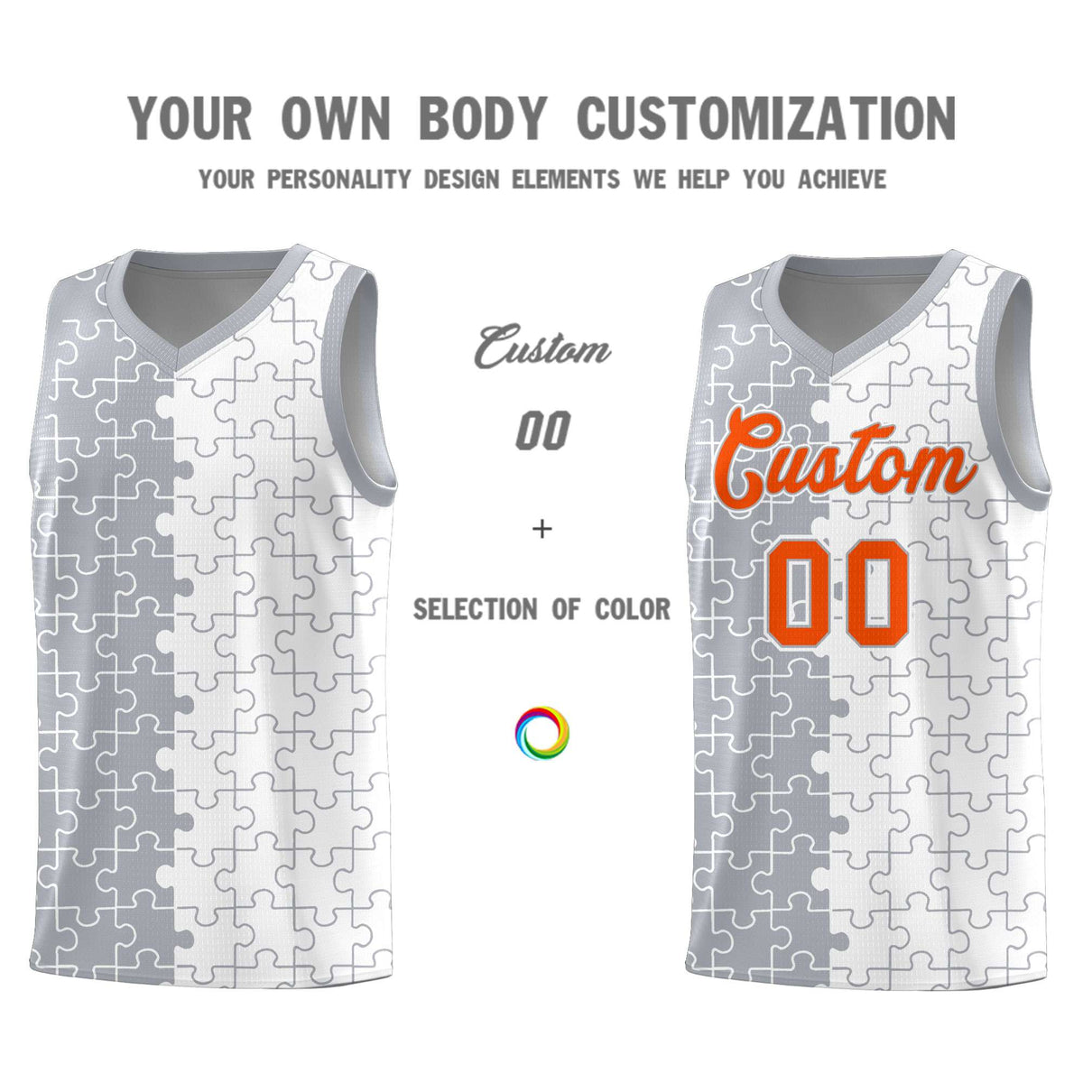 Custom Youth Basketball Jersey Gray White Puzzle Pattern Breathable Team Uniform