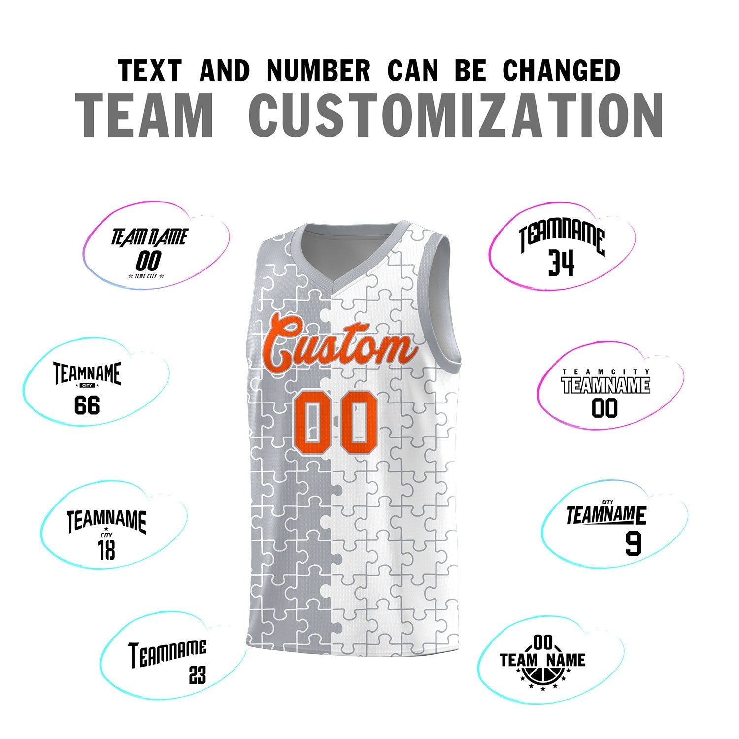 Custom Youth Basketball Jersey Gray White Puzzle Pattern Breathable Team Uniform