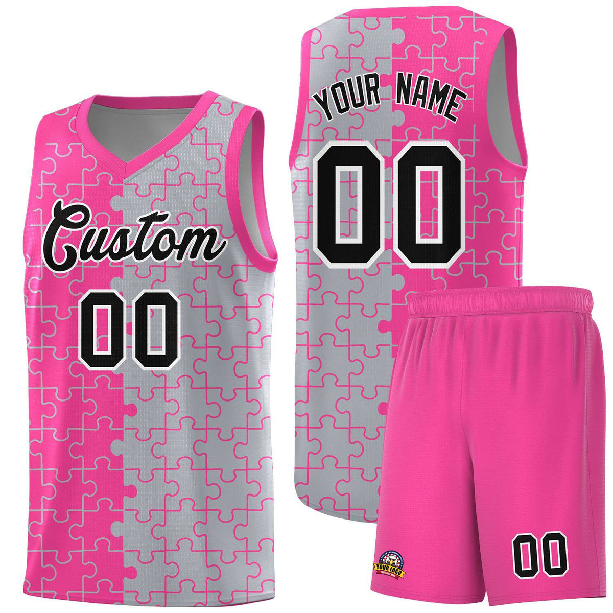 Custom Youth Basketball Jersey Pink Gray Puzzle Pattern Personalized Team Uniform