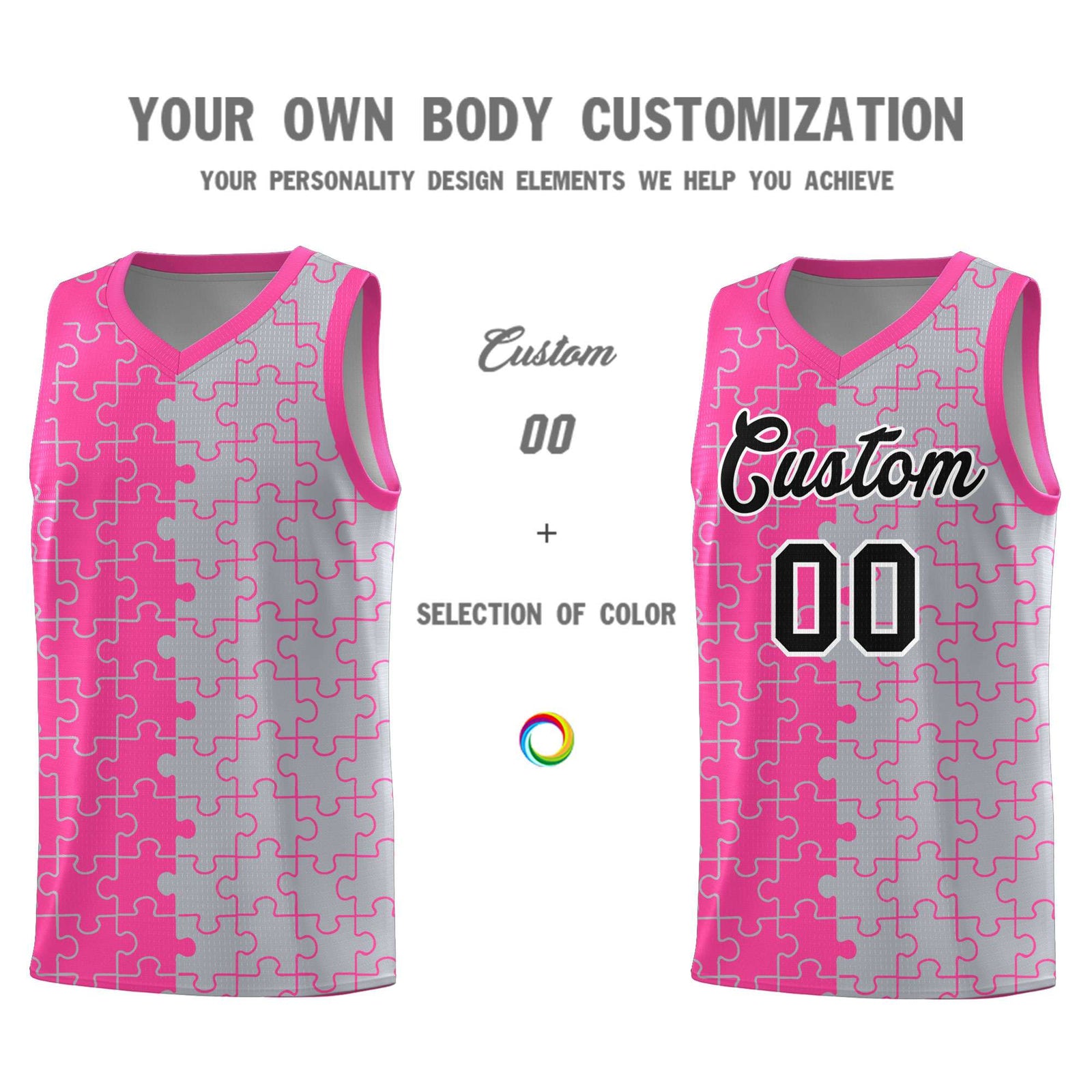 Custom Youth Basketball Jersey Pink Gray Puzzle Pattern Personalized Team Uniform