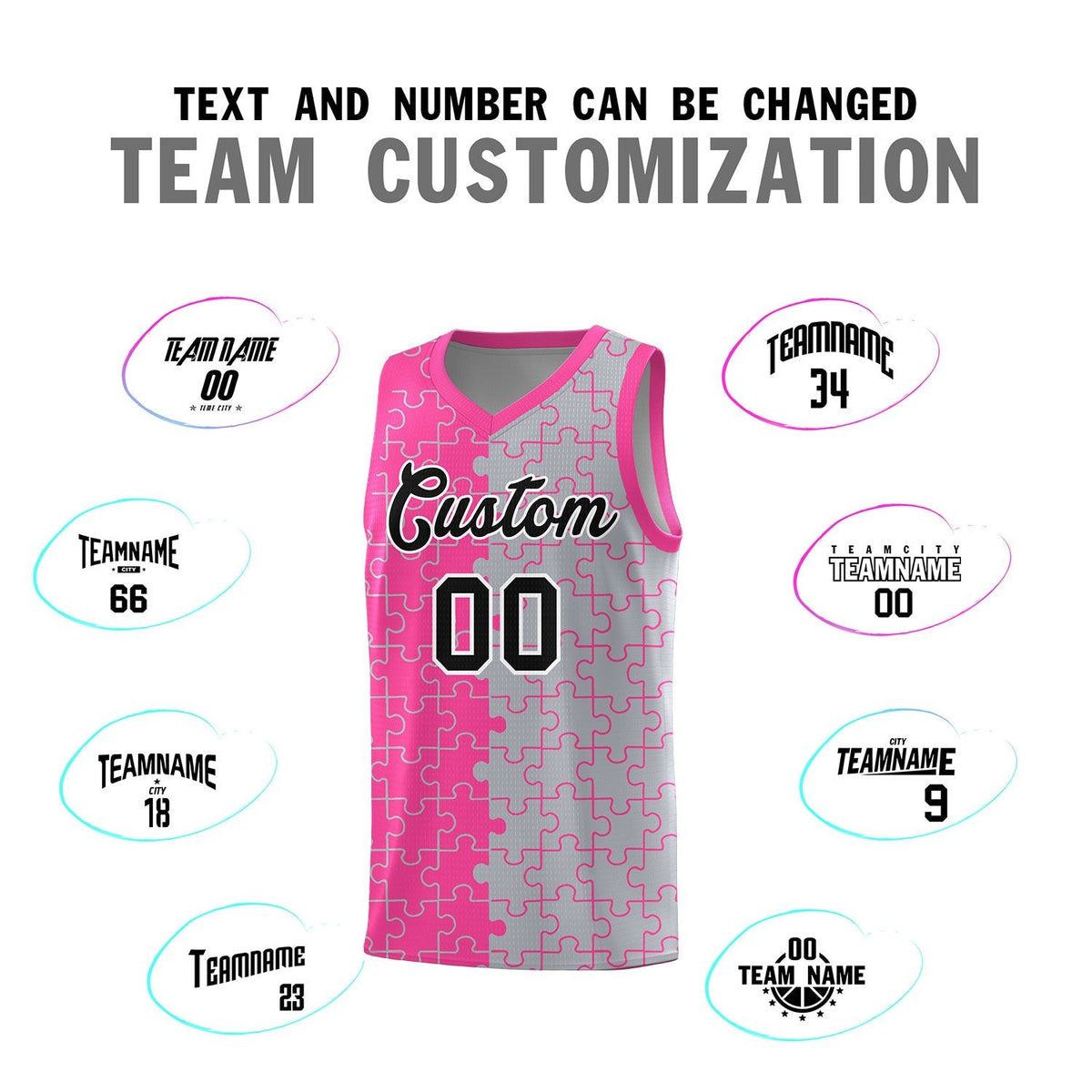 Custom Youth Basketball Jersey Pink Gray Puzzle Pattern Personalized Team Uniform