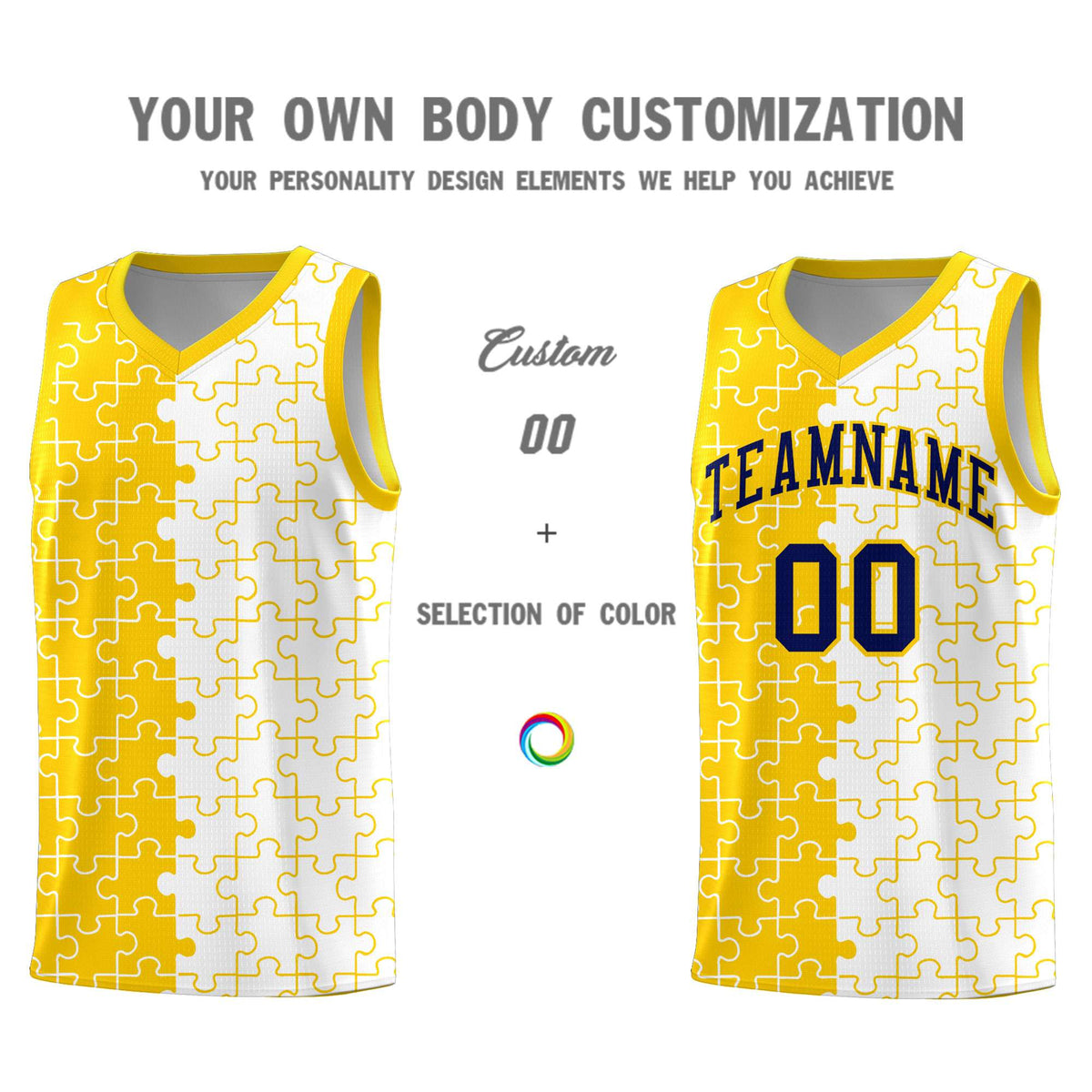 Custom Youth Basketball Jersey Gold White Puzzle Pattern Add Name, Number &amp; Team Logo
