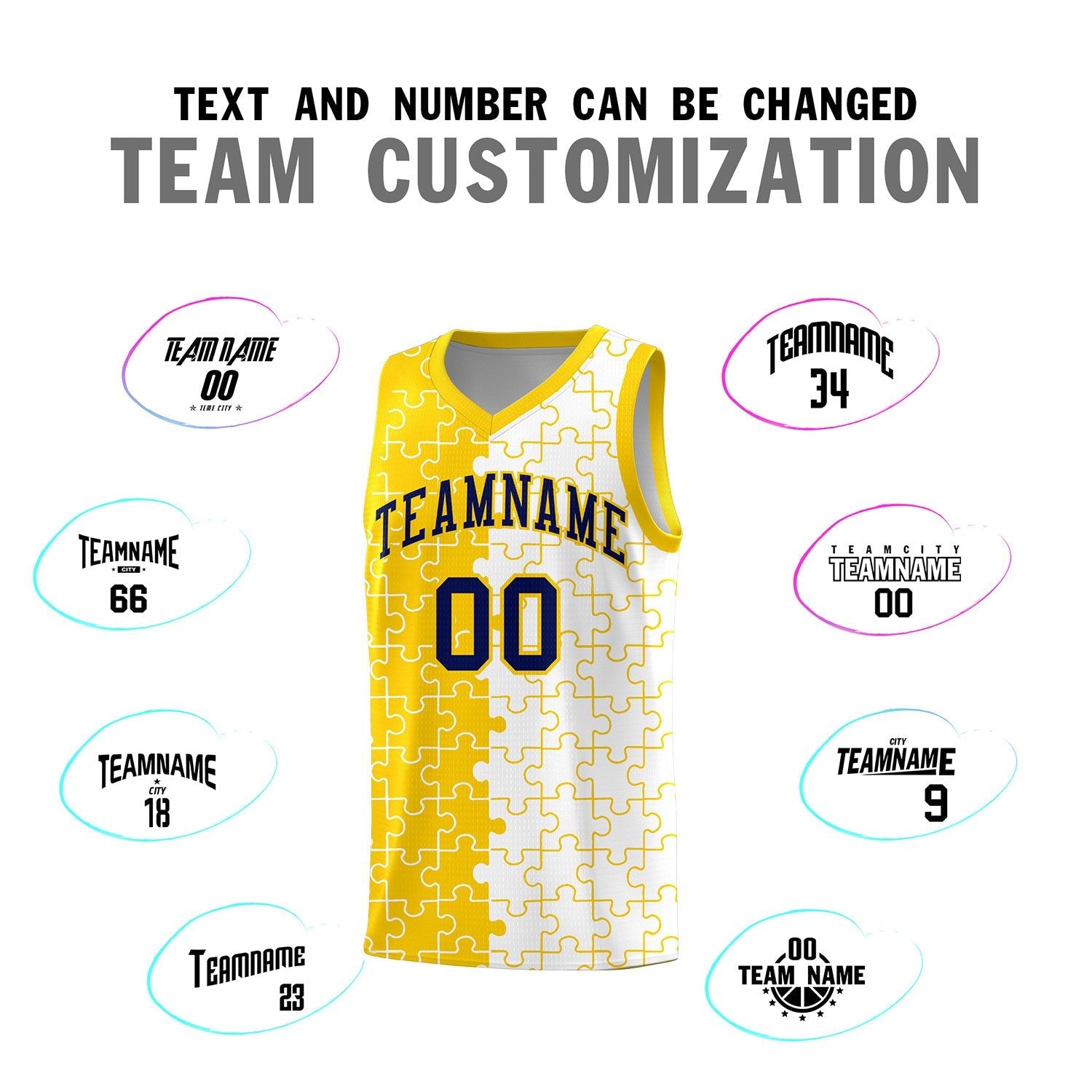 Custom Youth Basketball Jersey Gold White Puzzle Pattern Add Name, Number & Team Logo