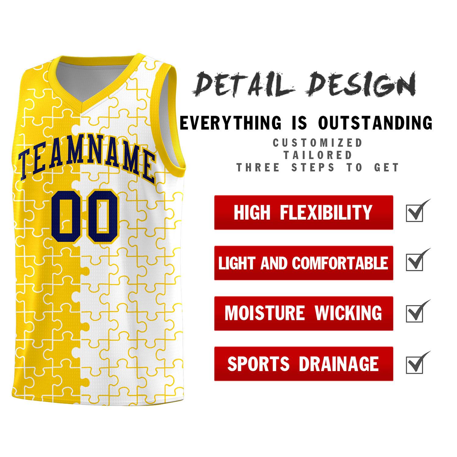 Custom Youth Basketball Jersey Gold White Puzzle Pattern Add Name, Number & Team Logo