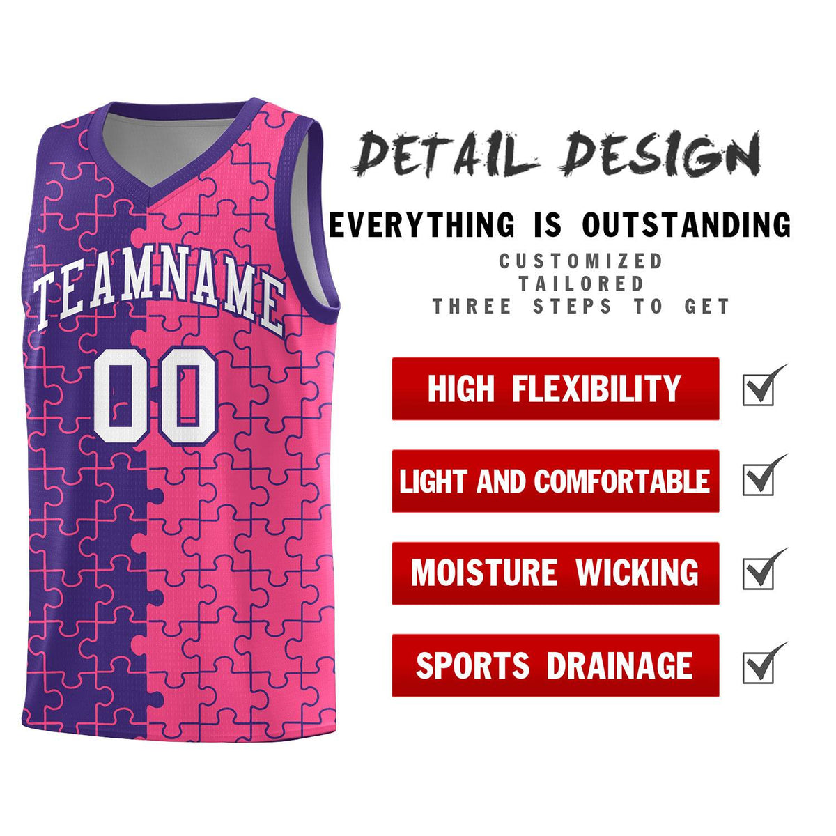 Custom Youth Basketball Jersey Purple Pink Puzzle Pattern Breathable Team Uniform