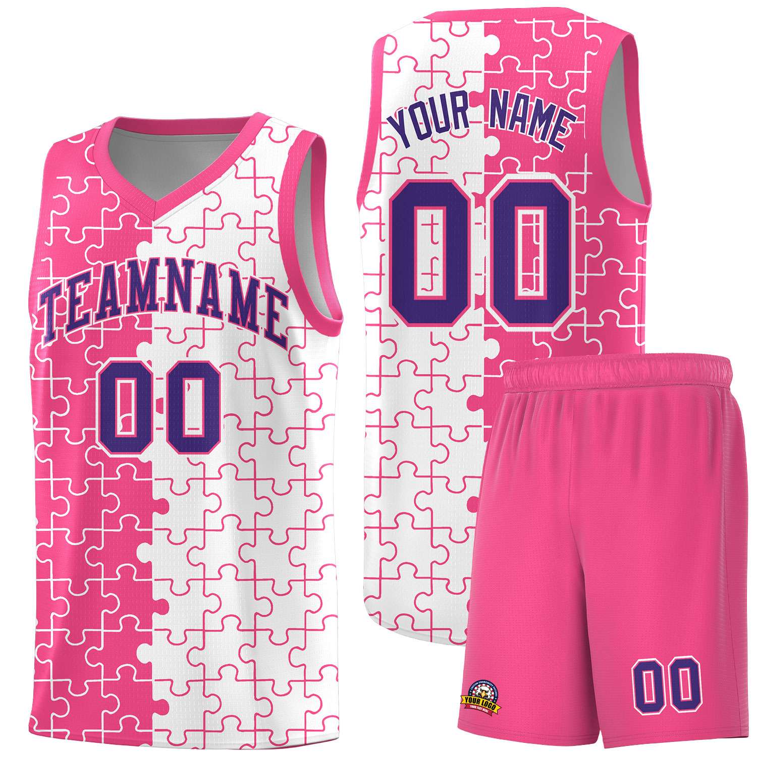 Custom Youth Basketball Jersey Pink White Puzzle Pattern Moisture-Wicking Team Uniform