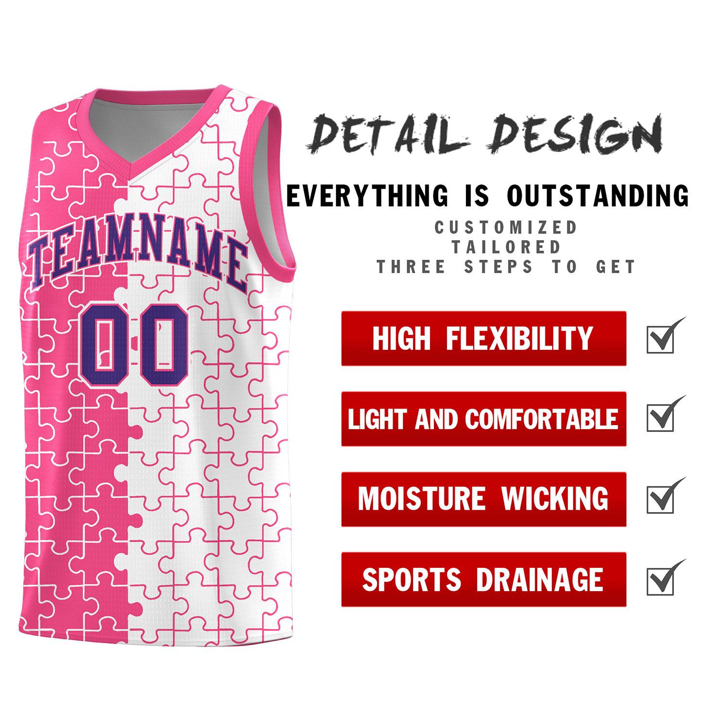 Custom Youth Basketball Jersey Pink White Puzzle Pattern Moisture-Wicking Team Uniform