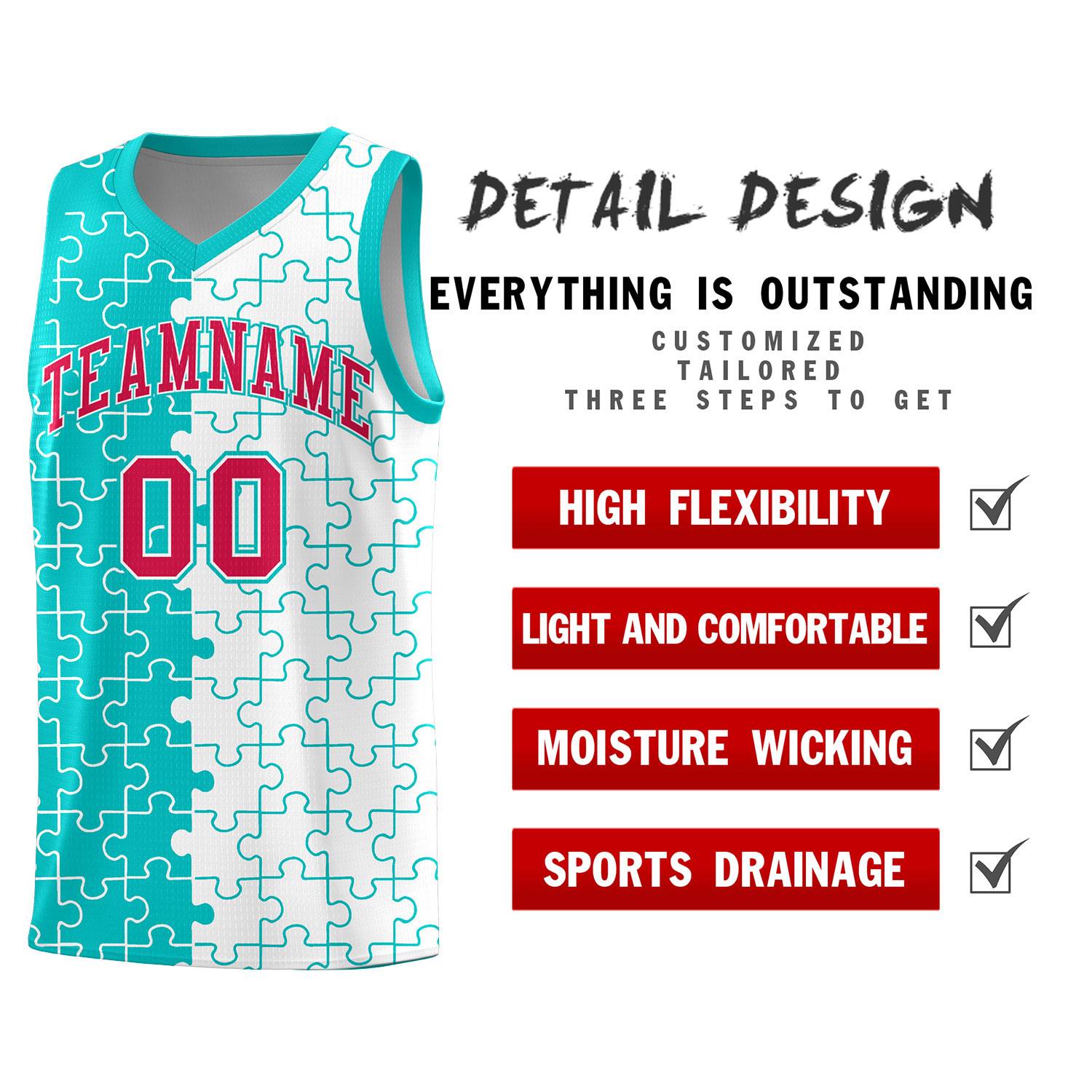 Custom Youth Basketball Jersey Aqua White Puzzle Pattern Personalized Team Uniform