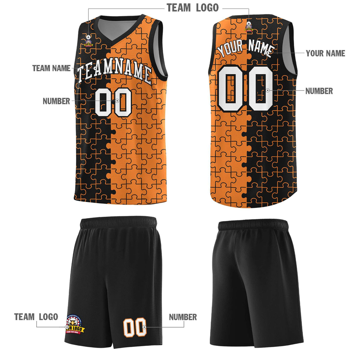 Custom Youth Basketball Jersey Black Gold Orange Puzzle Pattern Add Name, Number &amp; Team Logo