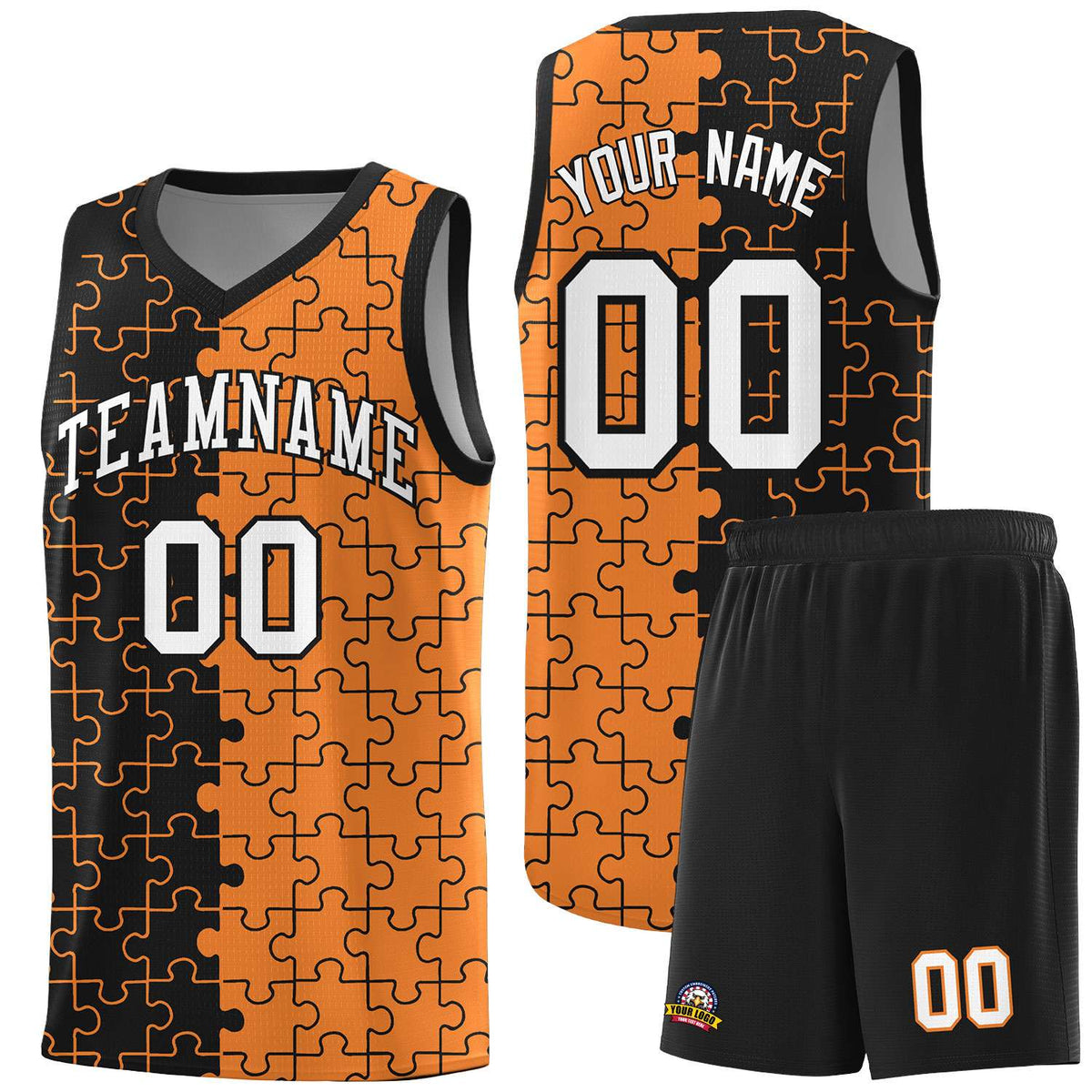 Custom Youth Basketball Jersey Black Gold Orange Puzzle Pattern Add Name, Number &amp; Team Logo