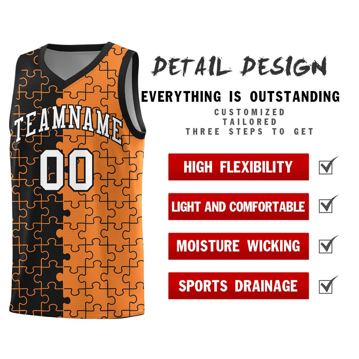 Custom Youth Basketball Jersey Black Gold Orange Puzzle Pattern Add Name, Number &amp; Team Logo