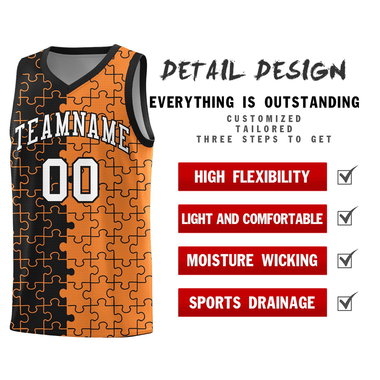 Custom Youth Basketball Jersey Black Gold Orange Puzzle Pattern Add Name, Number & Team Logo