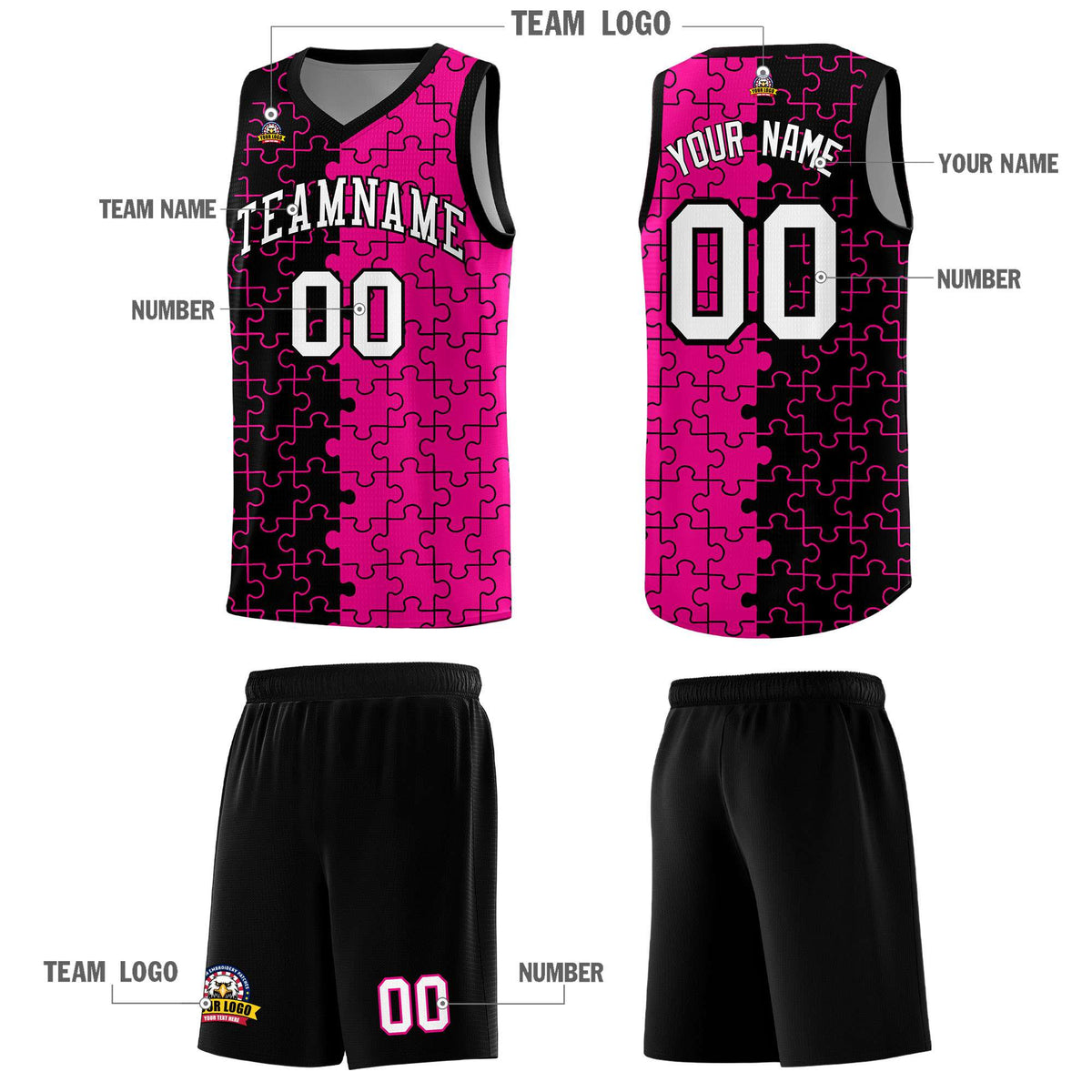 Custom Youth Basketball Jersey Black Pink Puzzle Pattern Moisture-Wicking Team Uniform
