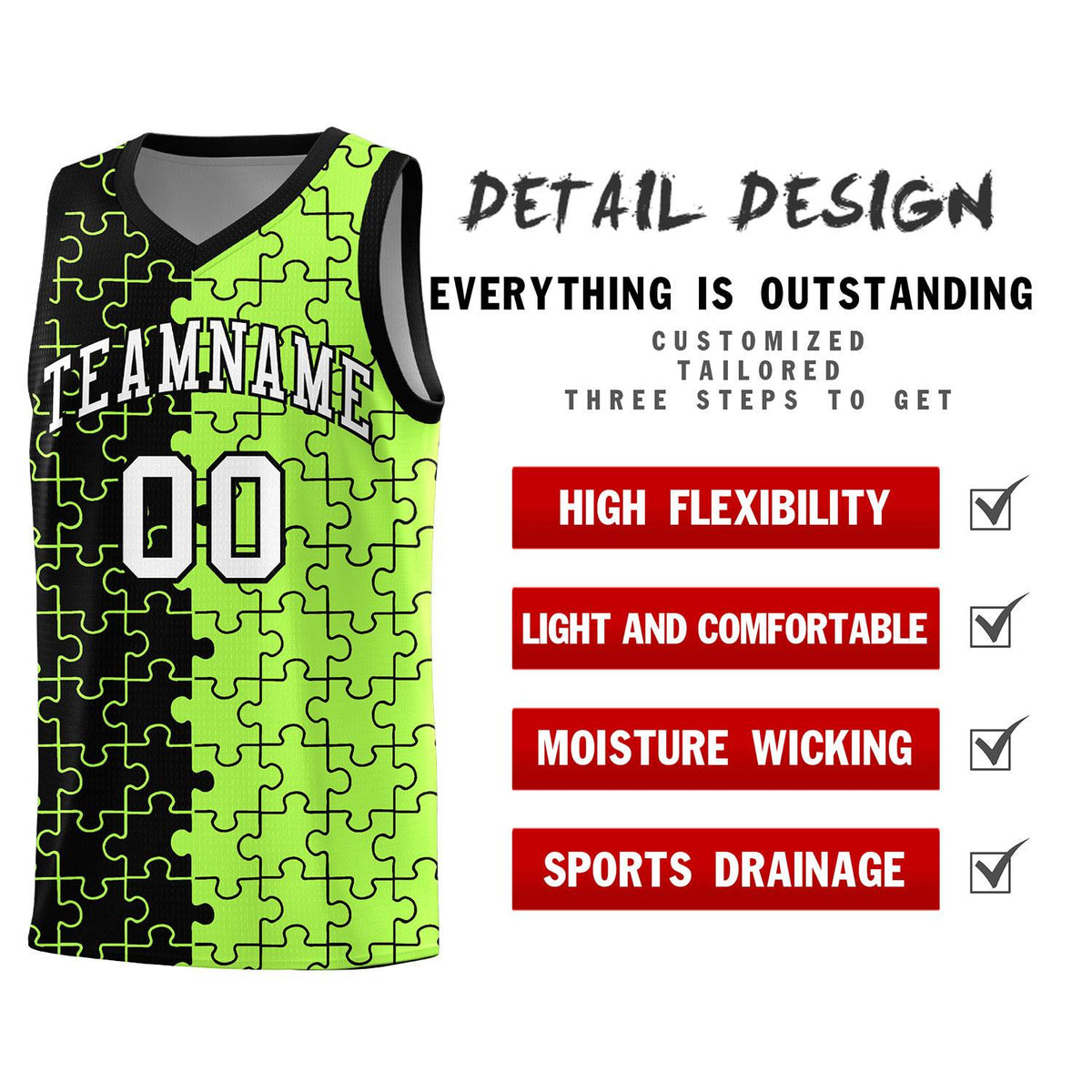 Custom Youth Basketball Jersey Black Puzzle Pattern Moisture-Wicking Team Uniform