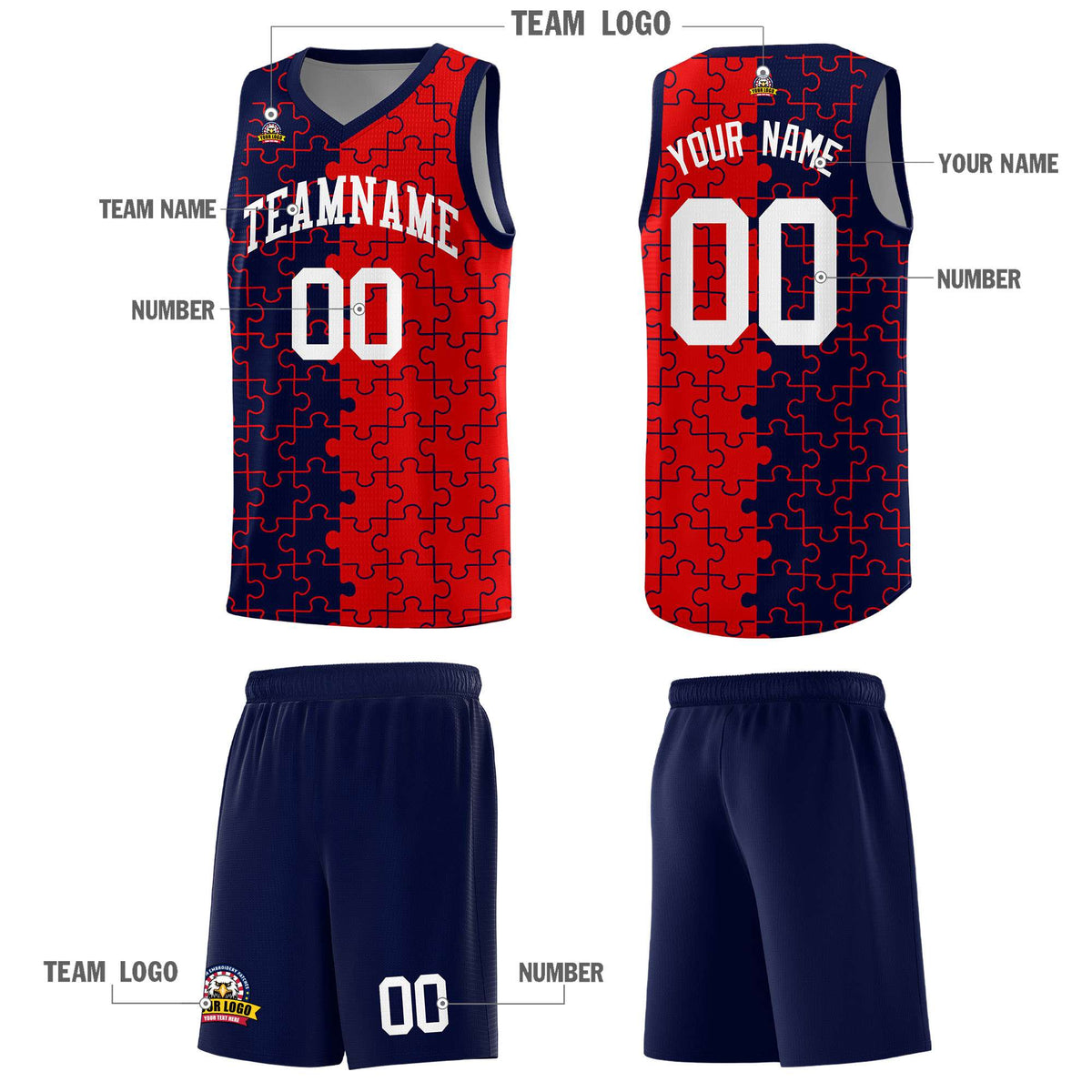 Custom Youth Basketball Jersey Navy Red Puzzle Pattern Personalized Team Uniform