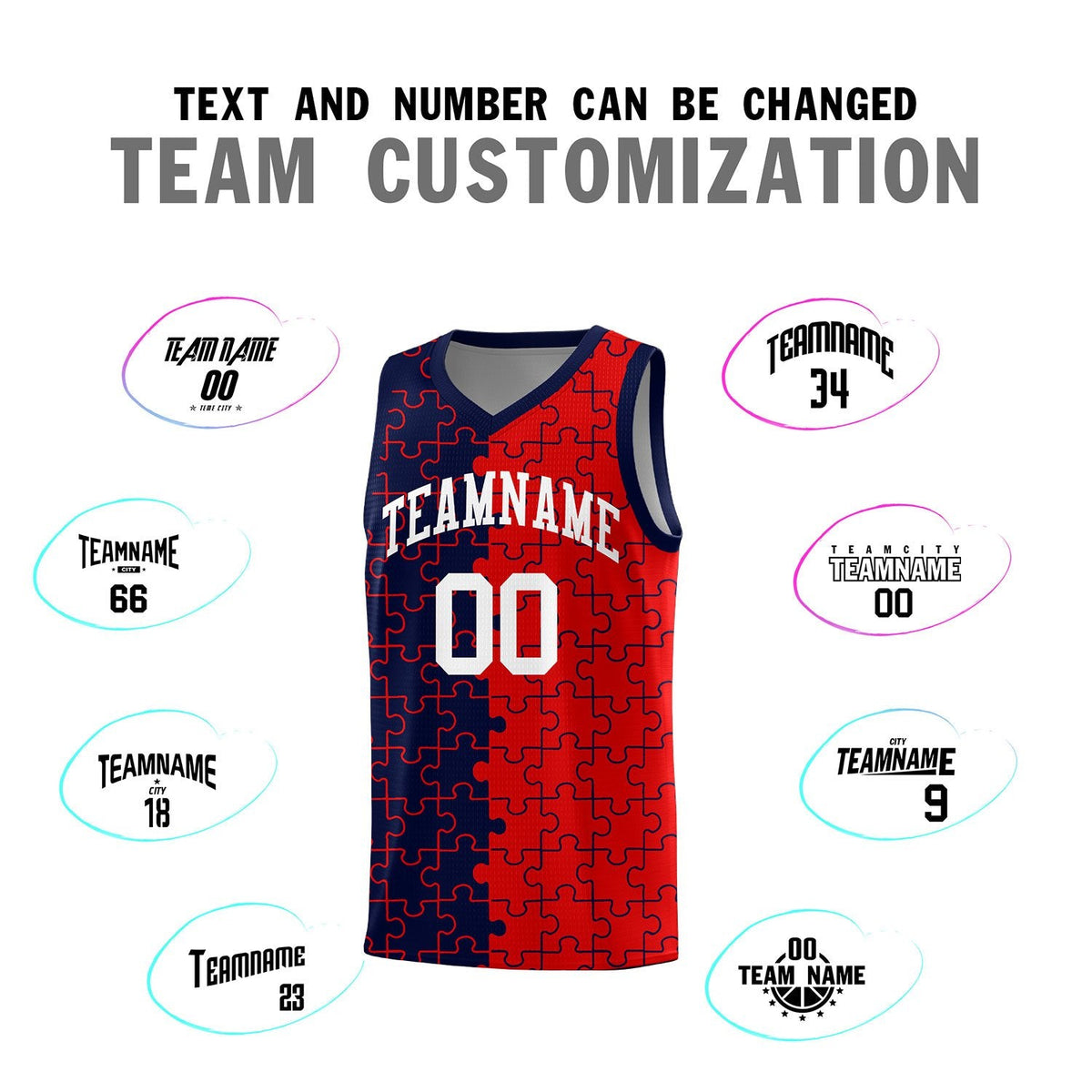 Custom Youth Basketball Jersey Navy Red Puzzle Pattern Personalized Team Uniform