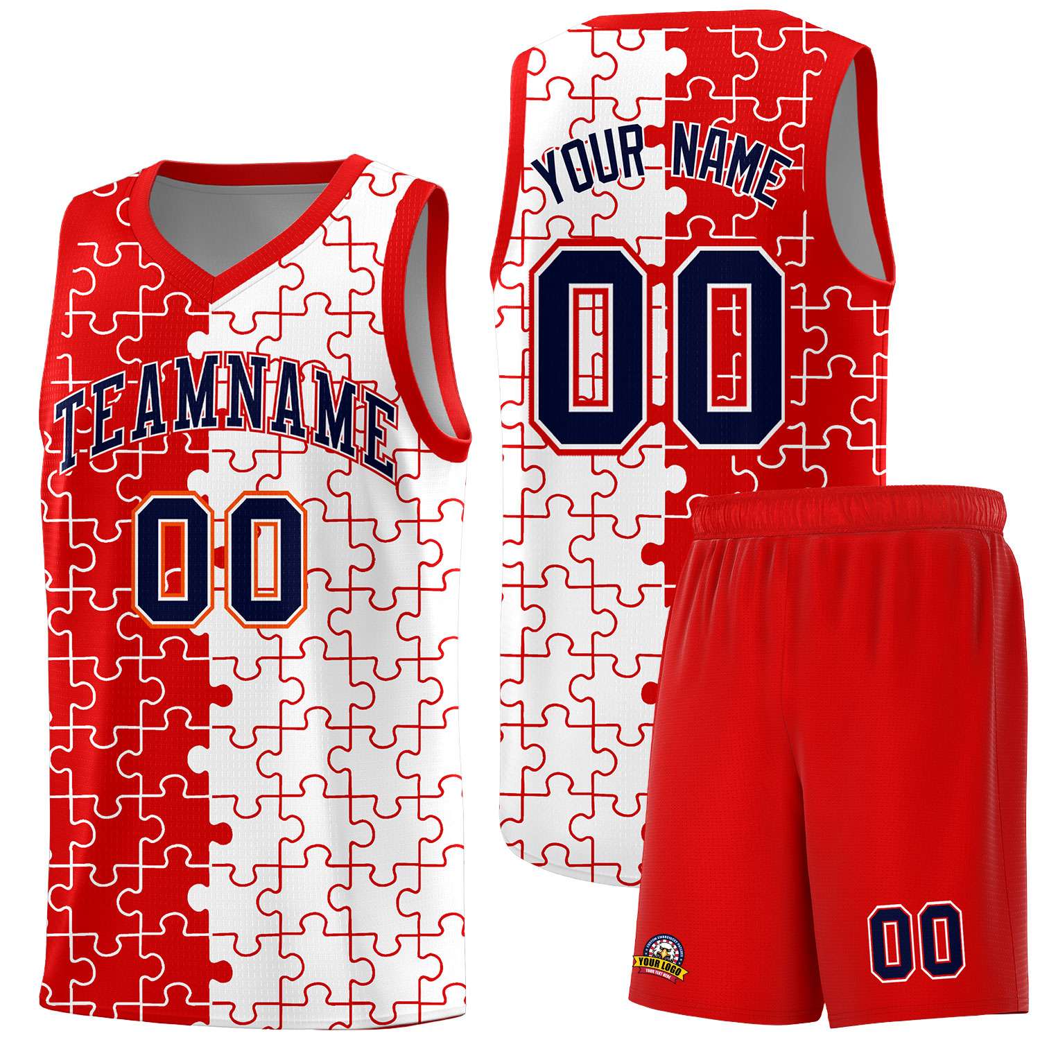 Custom Youth Basketball Jersey Red White Puzzle Pattern Add Name, Number & Team Logo