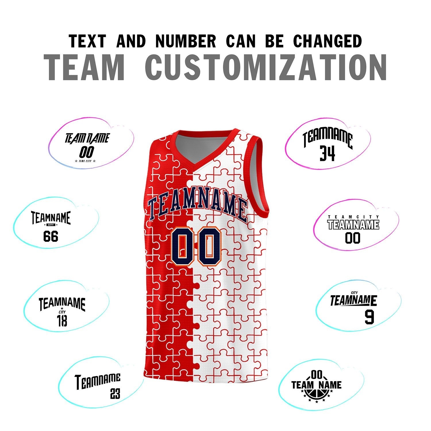 Custom Youth Basketball Jersey Red White Puzzle Pattern Add Name, Number & Team Logo