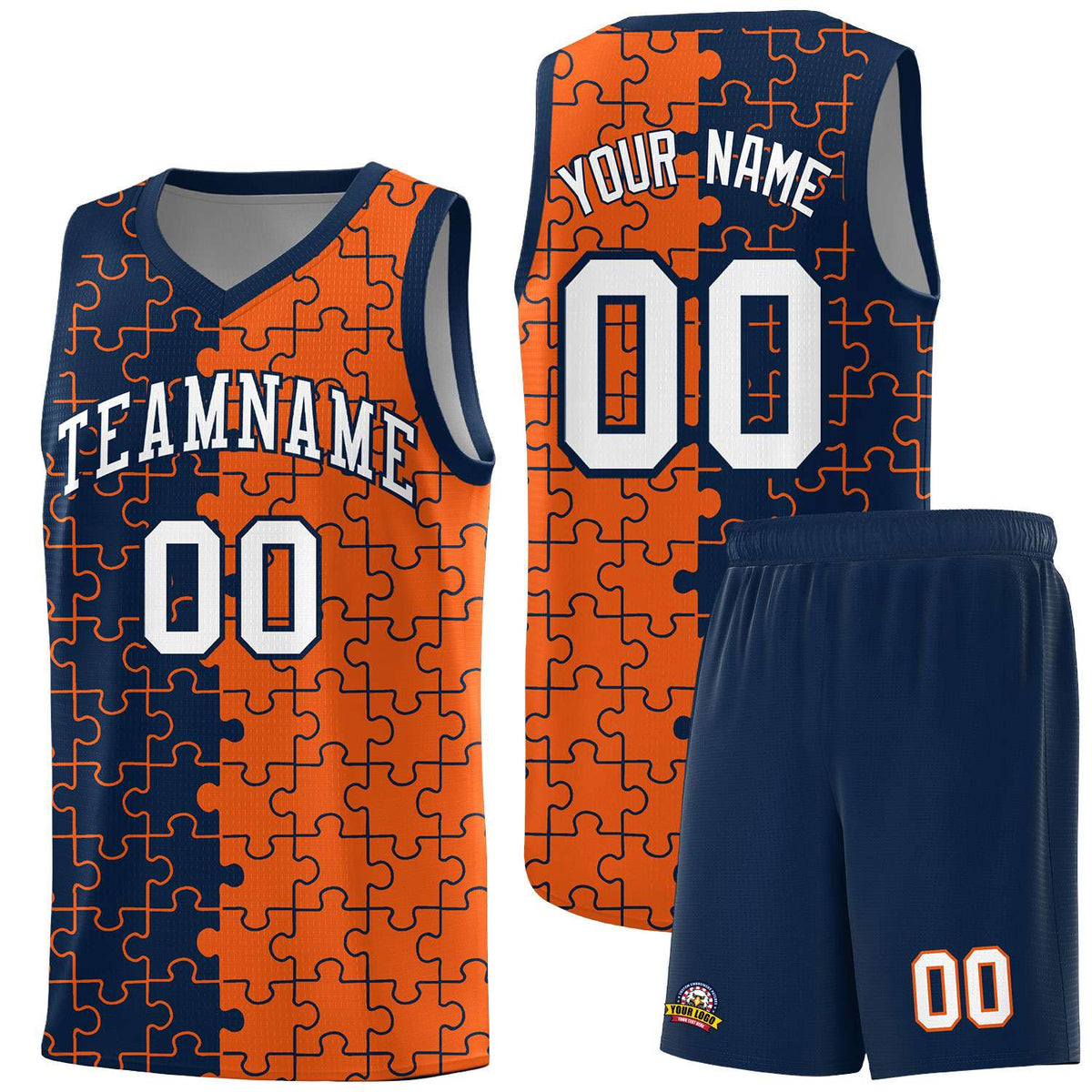 Custom Youth Basketball Jersey Navy Orange Puzzle Pattern Breathable Team Uniform