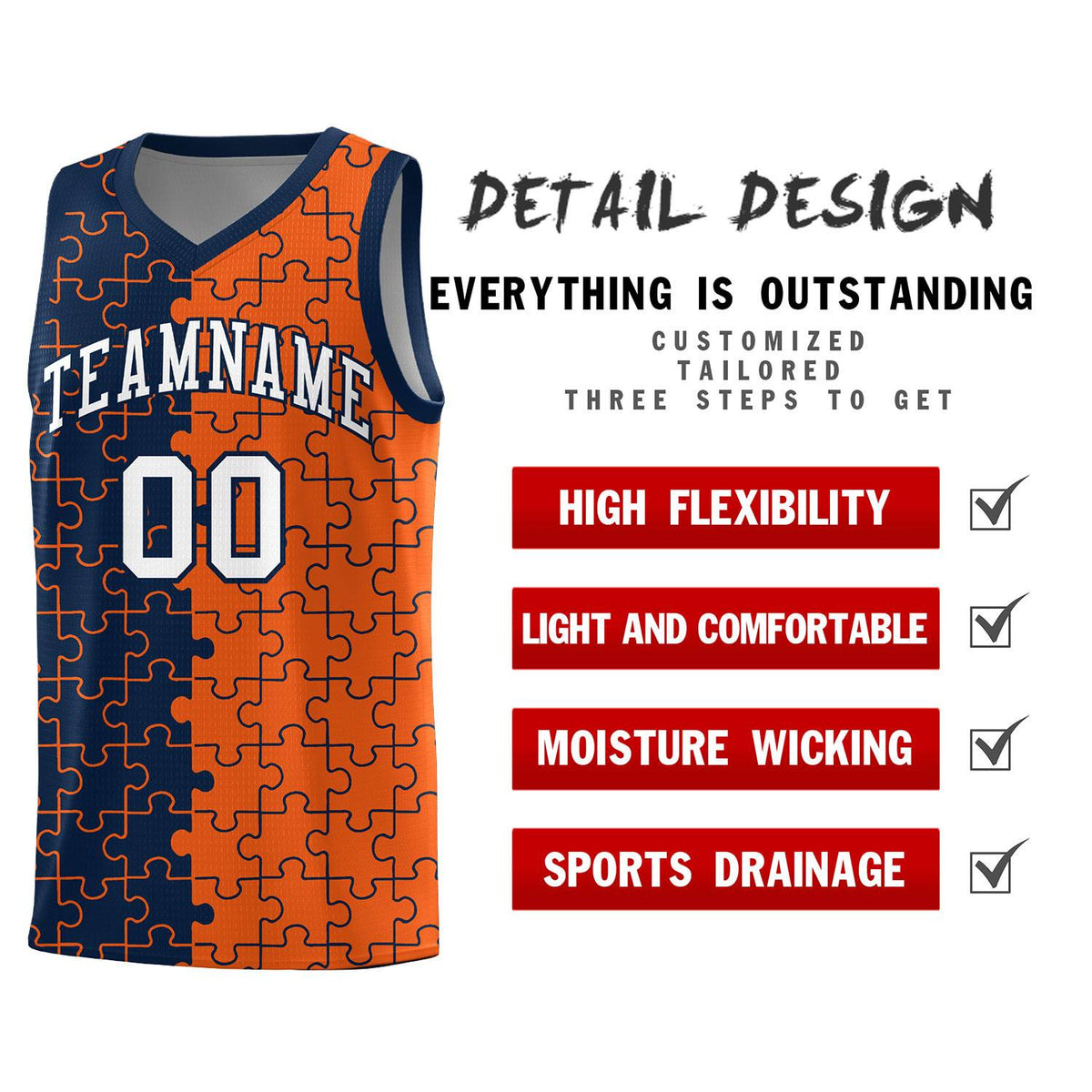 Custom Youth Basketball Jersey Navy Orange Puzzle Pattern Breathable Team Uniform