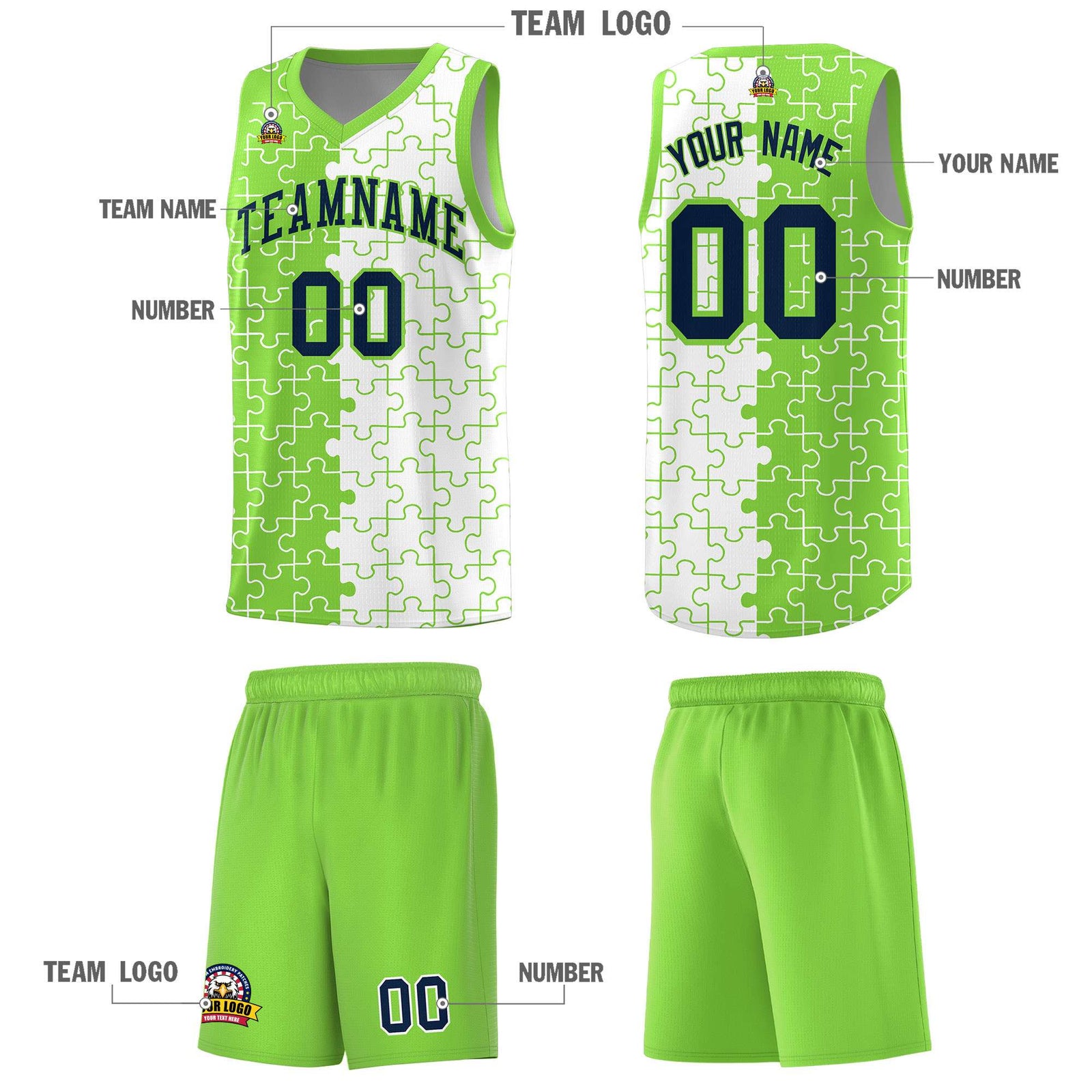 Custom Youth Basketball Jersey Fluorescent Green White Puzzle Pattern Personalized Team Uniform