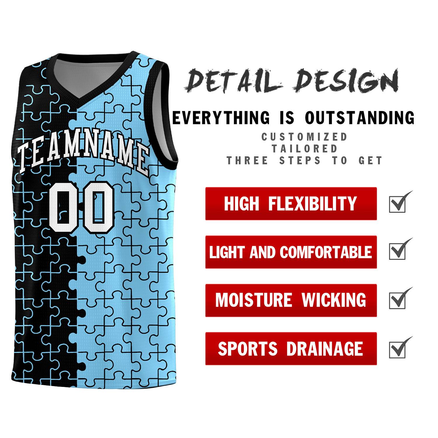 Custom Youth Basketball Jersey Black Light Blue Puzzle Pattern Add Name, Number & Team Logo