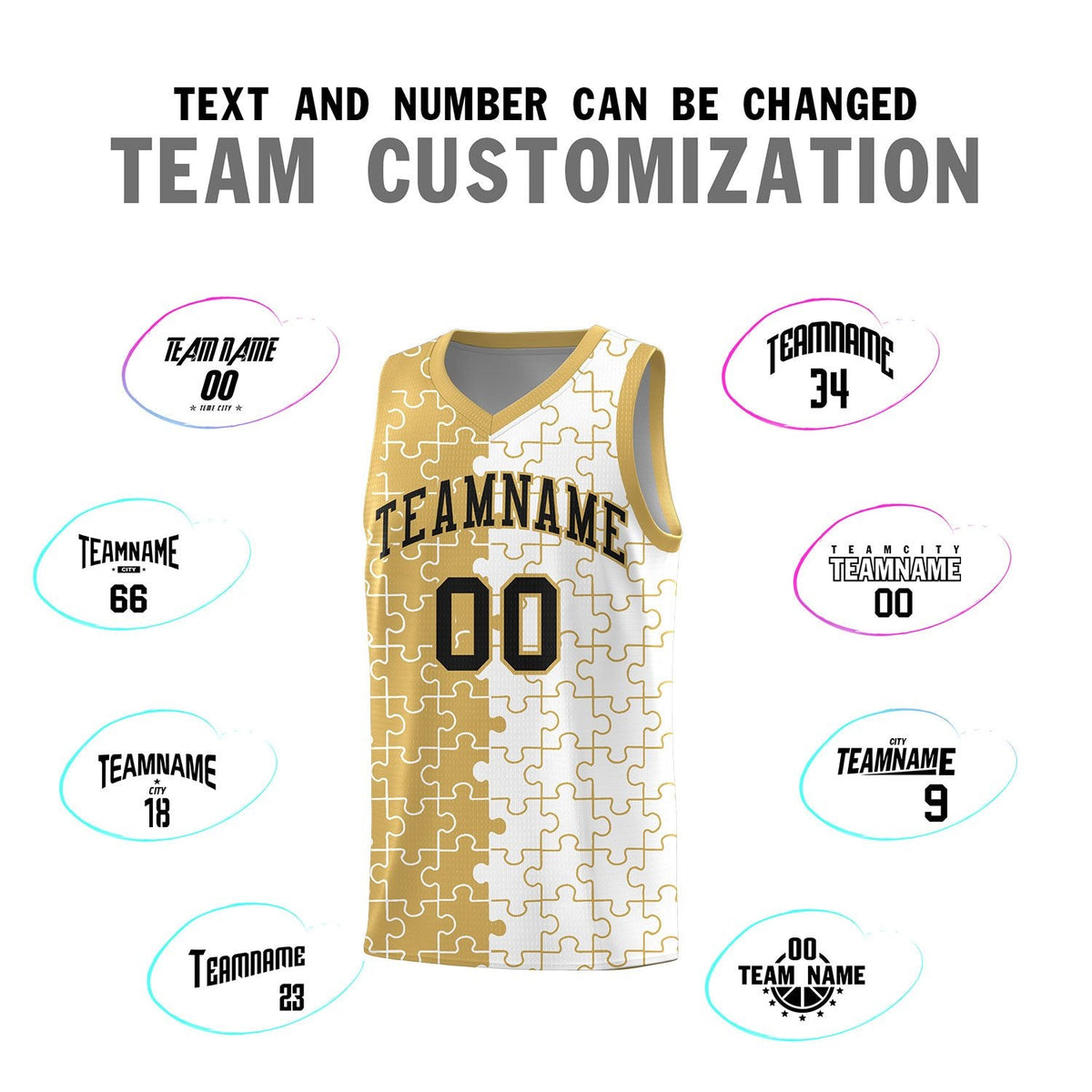 Custom Youth Basketball Jersey Old Gold White Puzzle Pattern Personalized Team Uniform