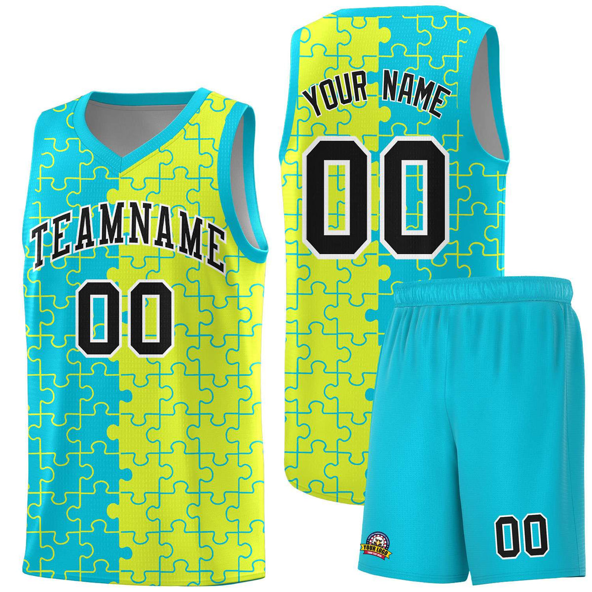 Custom Youth Basketball Jersey Sky Blue Fluorescent Green Puzzle Pattern Personalized Team Uniform