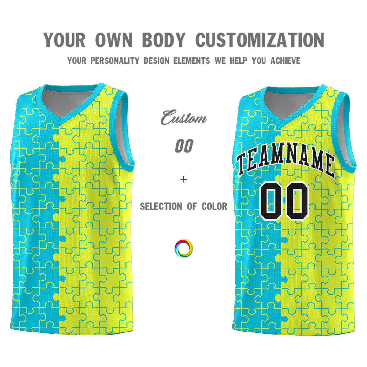 Custom Youth Basketball Jersey Sky Blue Fluorescent Green Puzzle Pattern Personalized Team Uniform