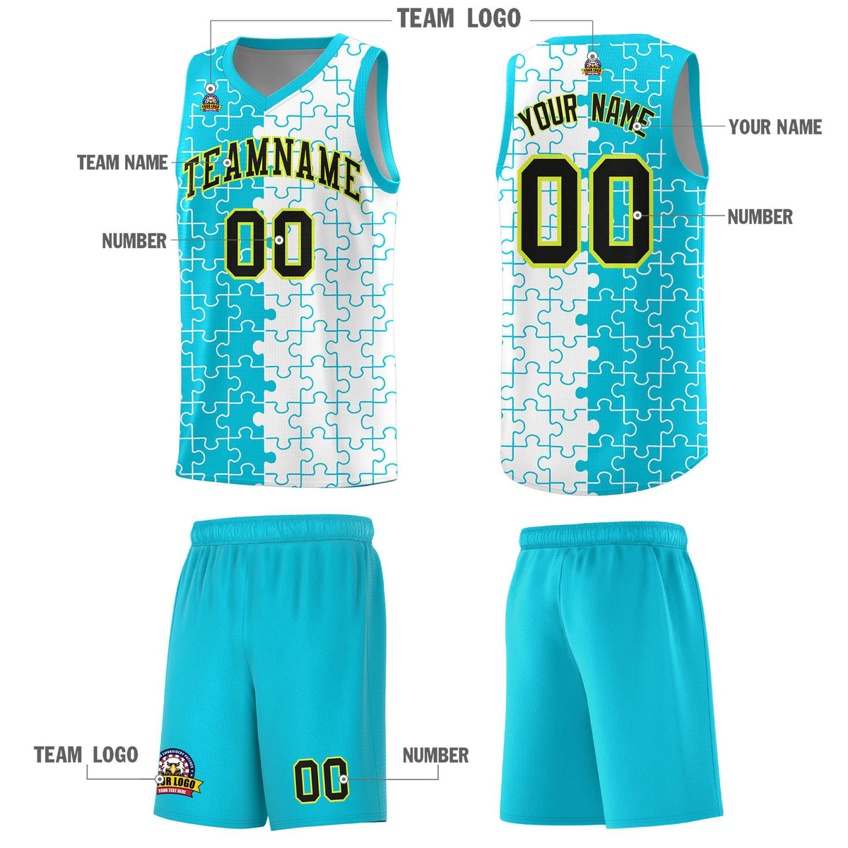 Custom Youth Basketball Jersey Sky Blue White Puzzle Pattern Breathable Team Uniform