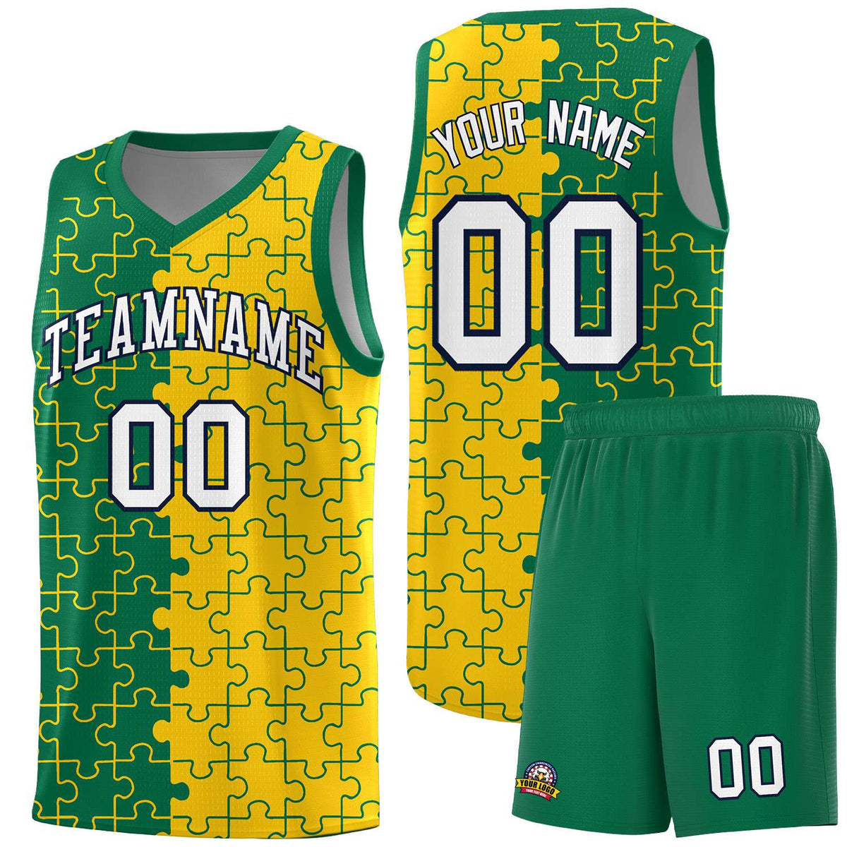 Custom Youth Basketball Jersey Kelly Green Gold Puzzle Pattern Personalized Team Uniform