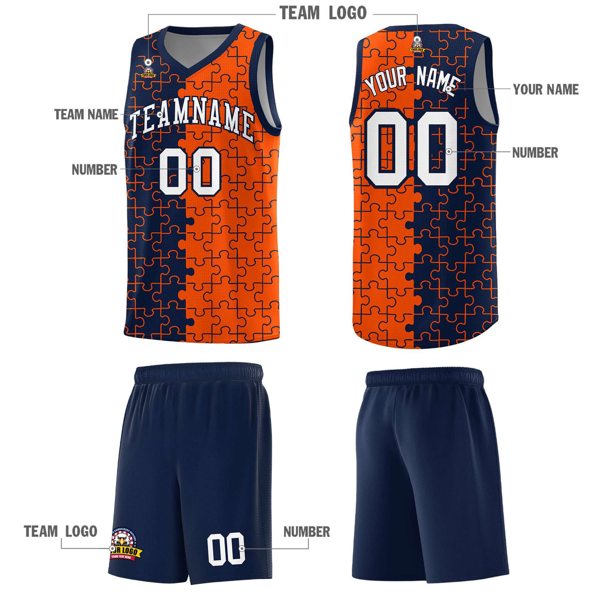 Custom Youth Basketball Jersey Navy Orange Puzzle Pattern Add Name, Number &amp; Team Logo