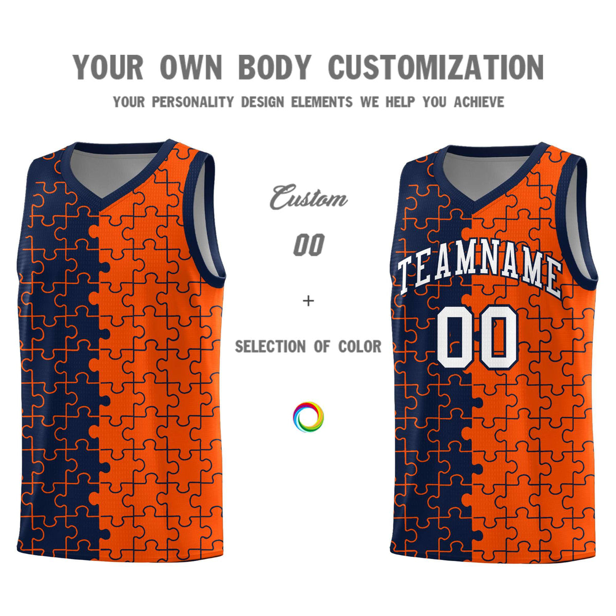 Custom Youth Basketball Jersey Navy Orange Puzzle Pattern Add Name, Number &amp; Team Logo