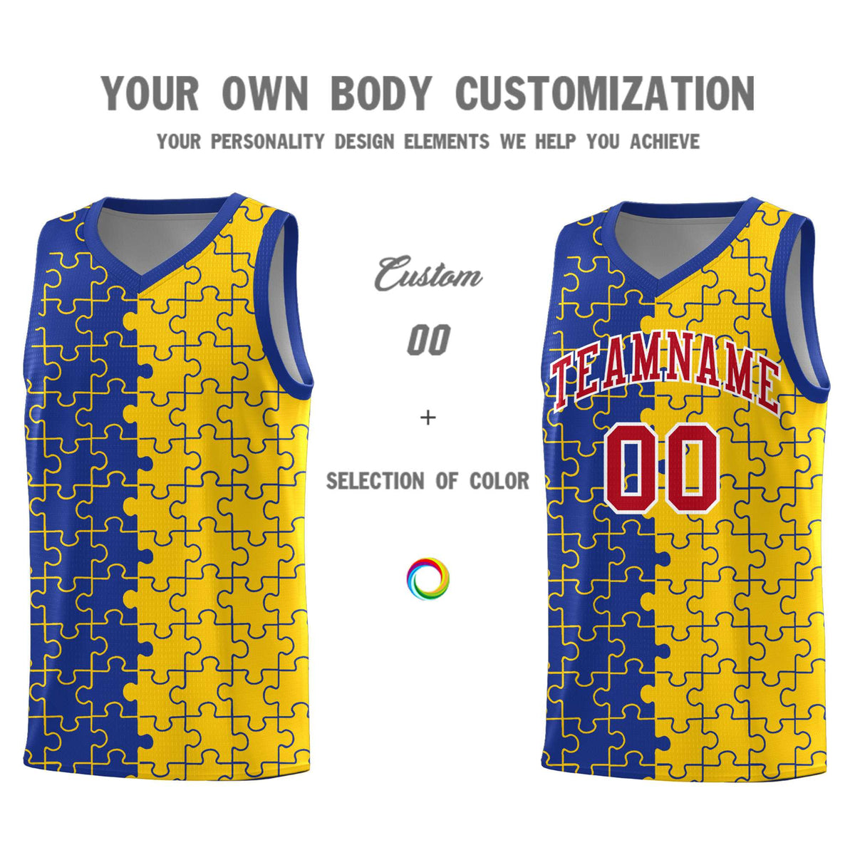 Custom Youth Basketball Jersey Royal Blue Gold Puzzle Pattern Add Name, Number &amp; Team Logo