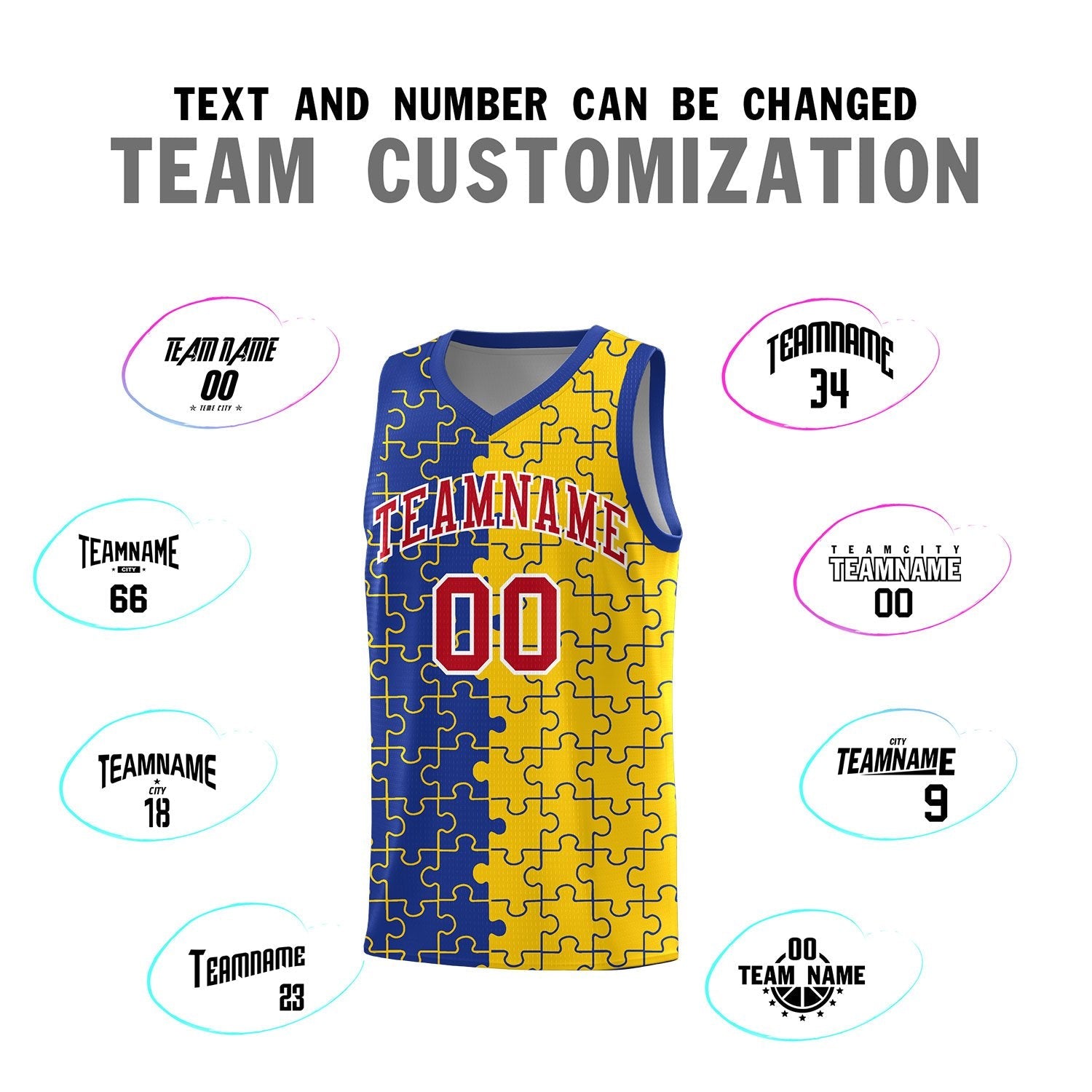 Custom Youth Basketball Jersey Royal Blue Gold Puzzle Pattern Add Name, Number & Team Logo